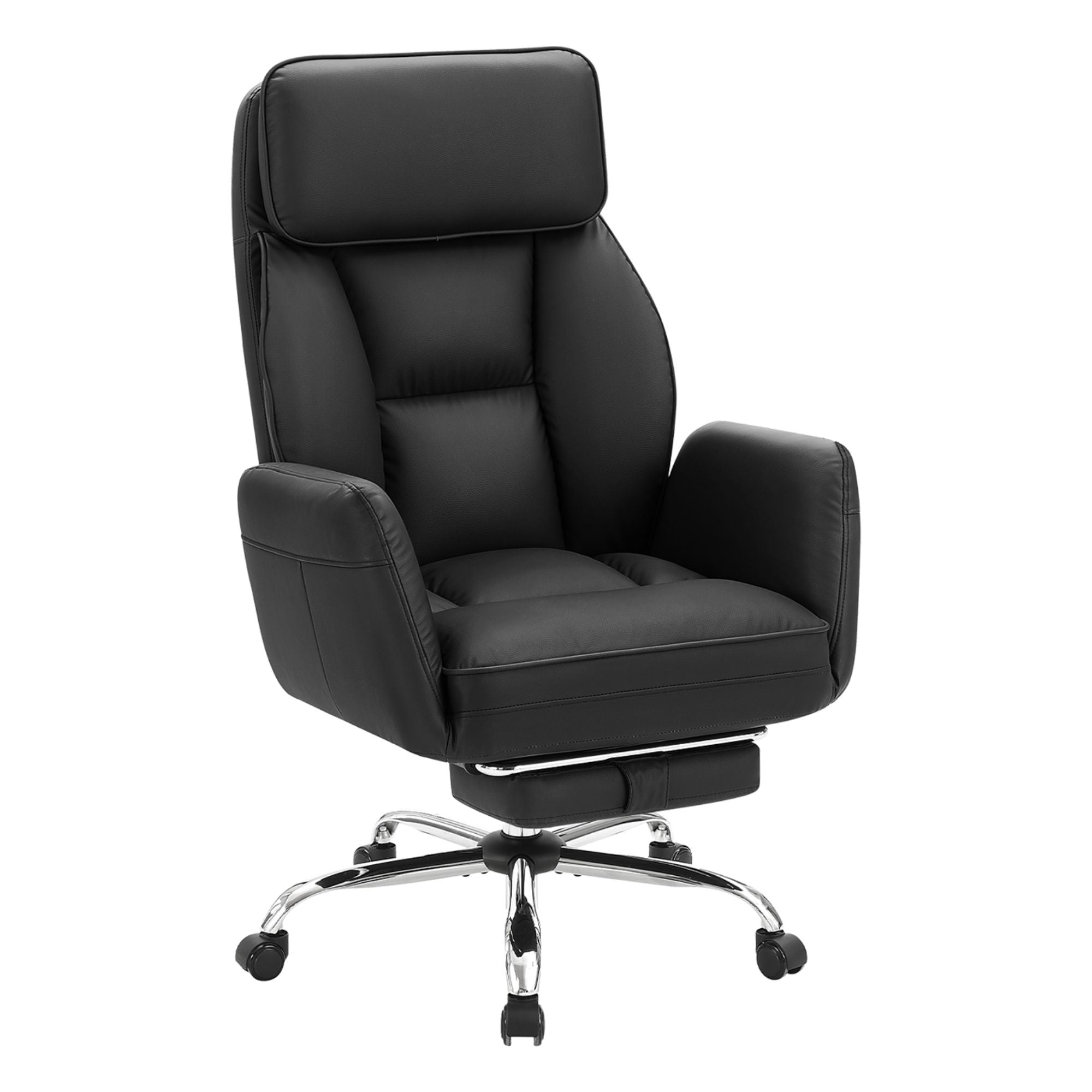 Black leather-look Apex reclining executive office chair by Monarch Specialties with padded armrests and adjustable height.