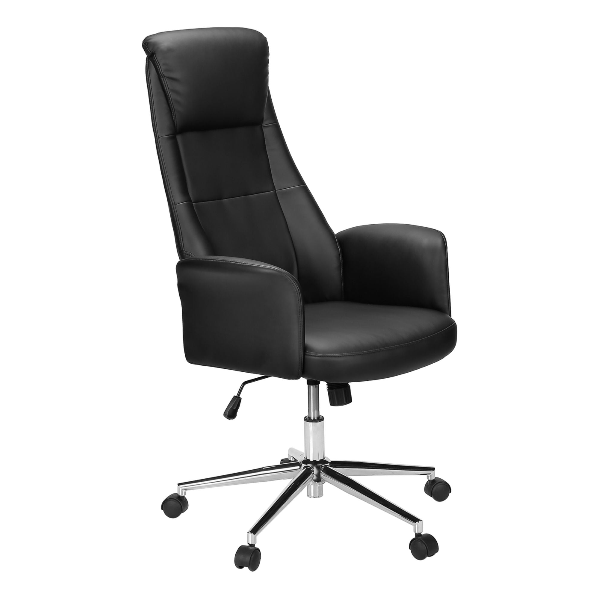 Black leather-look high-back office chair by Monarch Specialties, featuring ergonomic design and padded armrests.