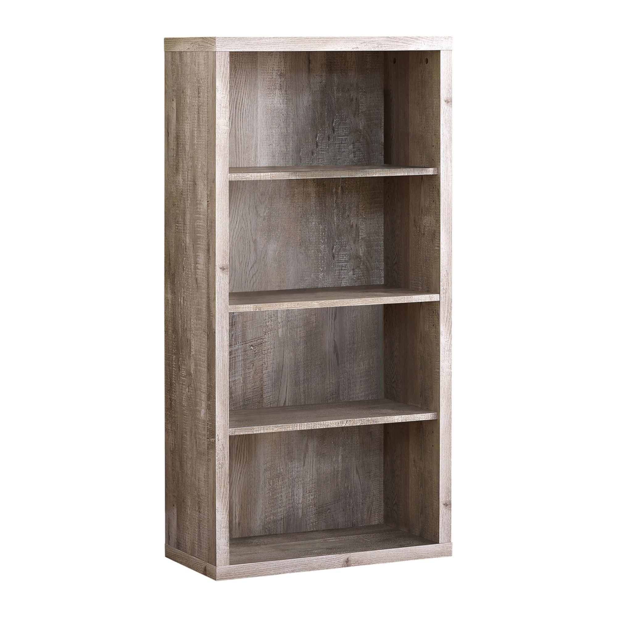Dark taupe Monarch Specialties Shelvara 48-inch bookcase with adjustable shelves, showcasing a modern storage solution.