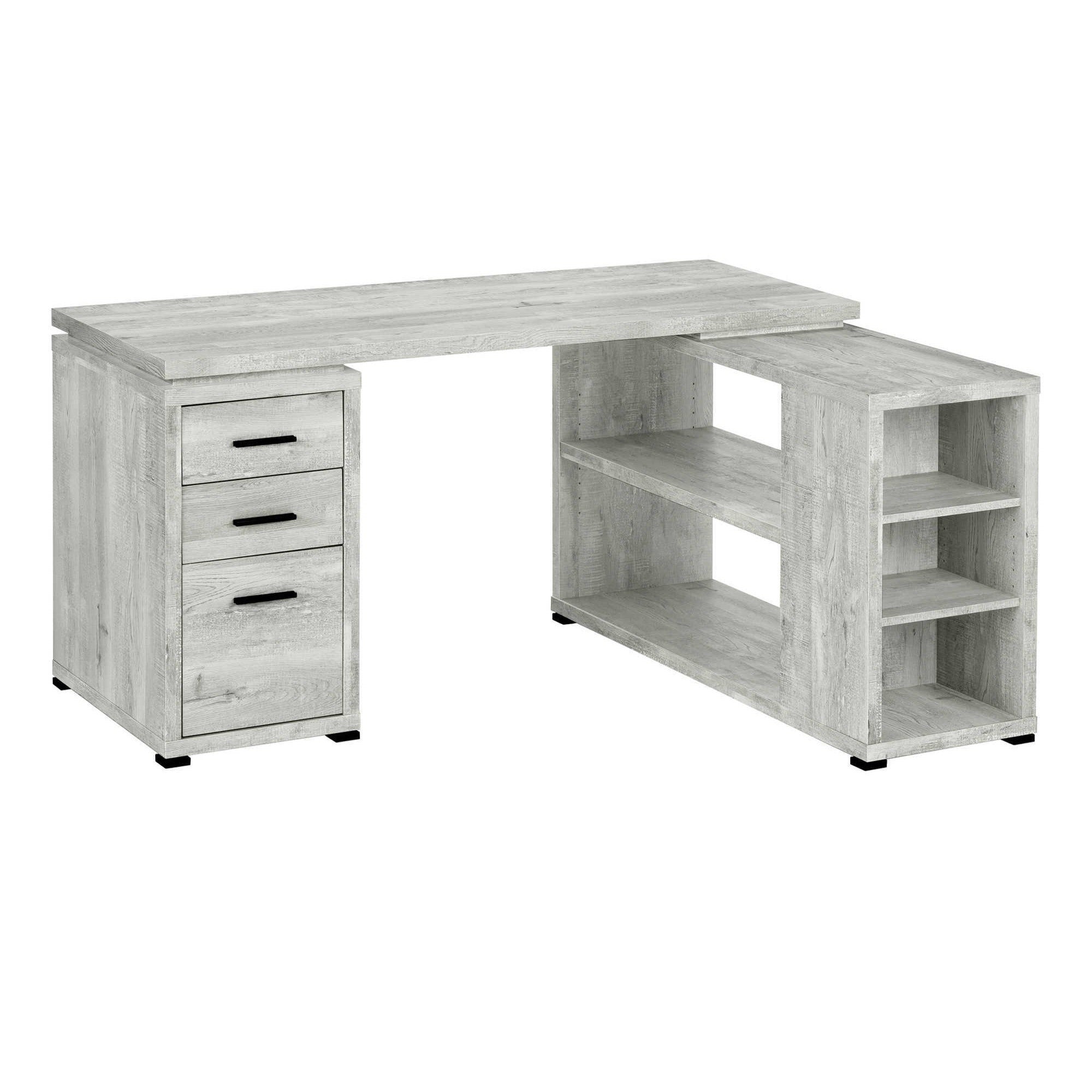 Grey Monarch Specialties Elevare L-shaped corner office desk with storage and file drawer, featuring a modern design and workspace organization.