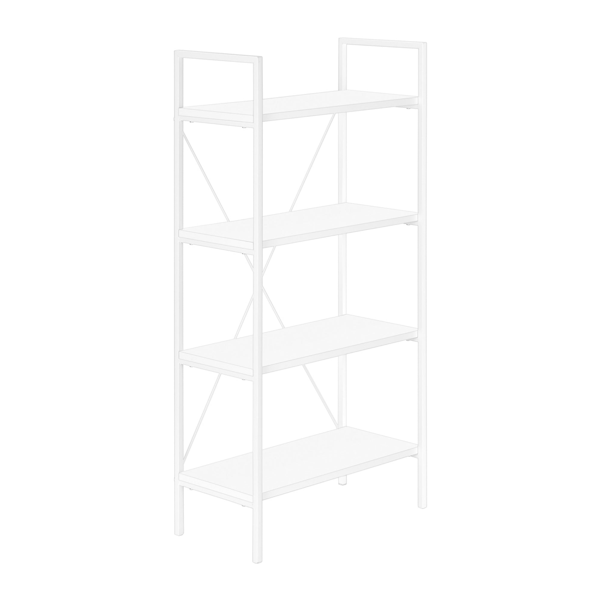 White metal and wood bookcase, 48 inches tall with multiple shelves, from Monarch Specialties for home or office storage.