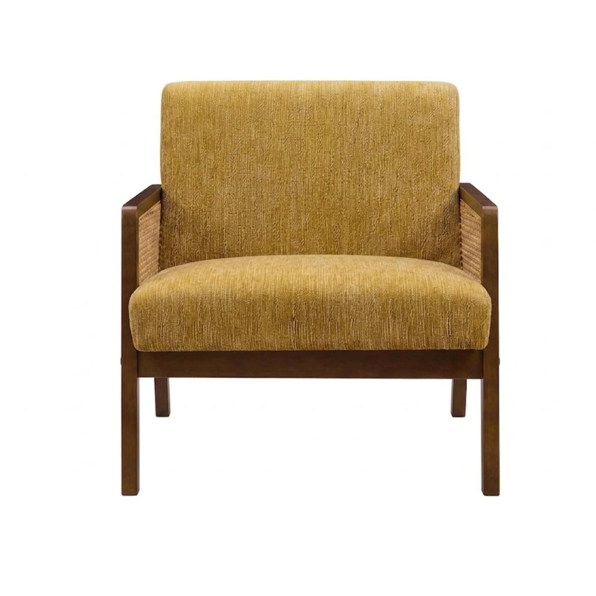 Gold fabric accent chair with walnut wood frame, 30 inches tall, by Monarch Specialties. Stylish and modern seating option.