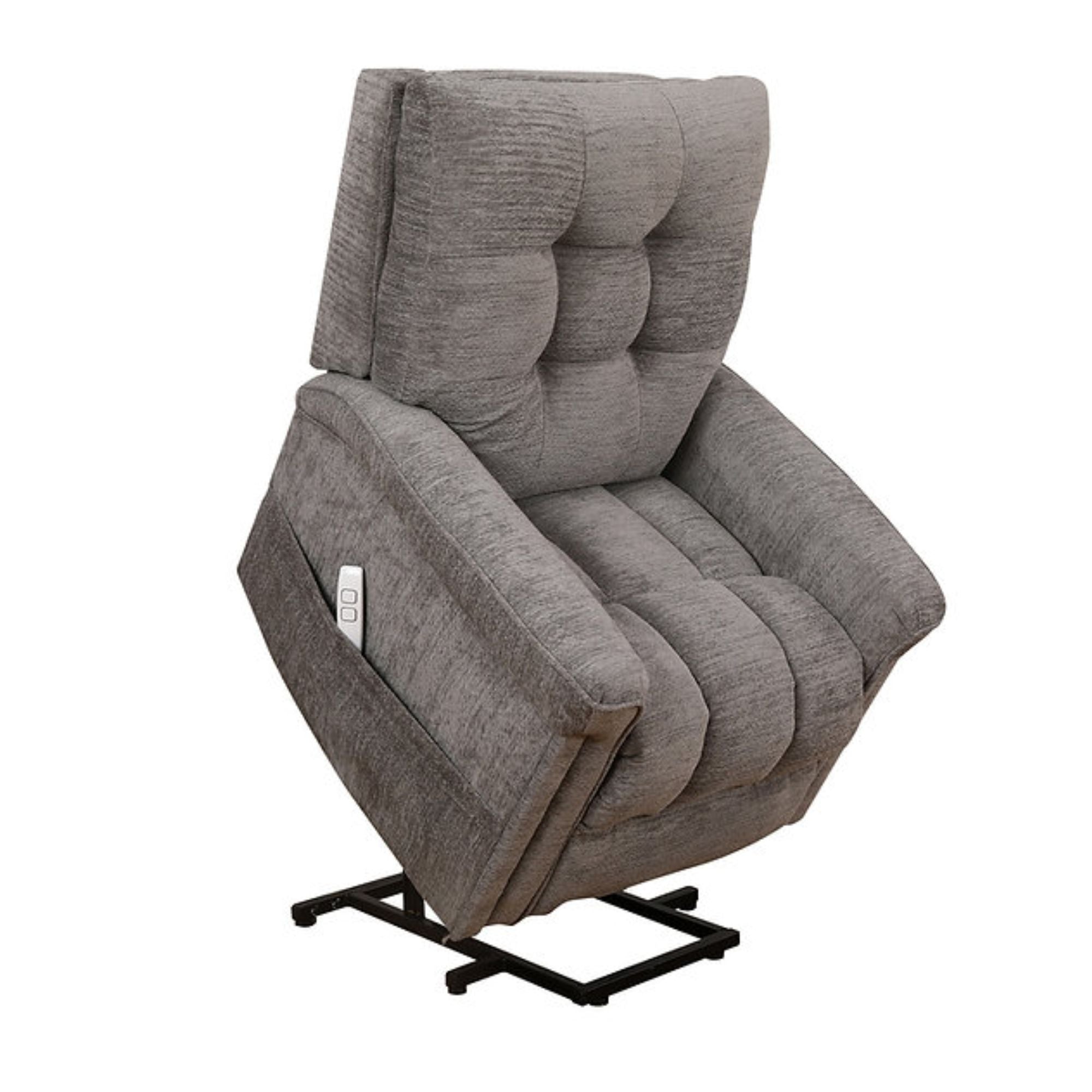 Grey-brown IFF Harlow power reclining lift chair with plush cushioning and adjustable backrest, ideal for comfort and support.