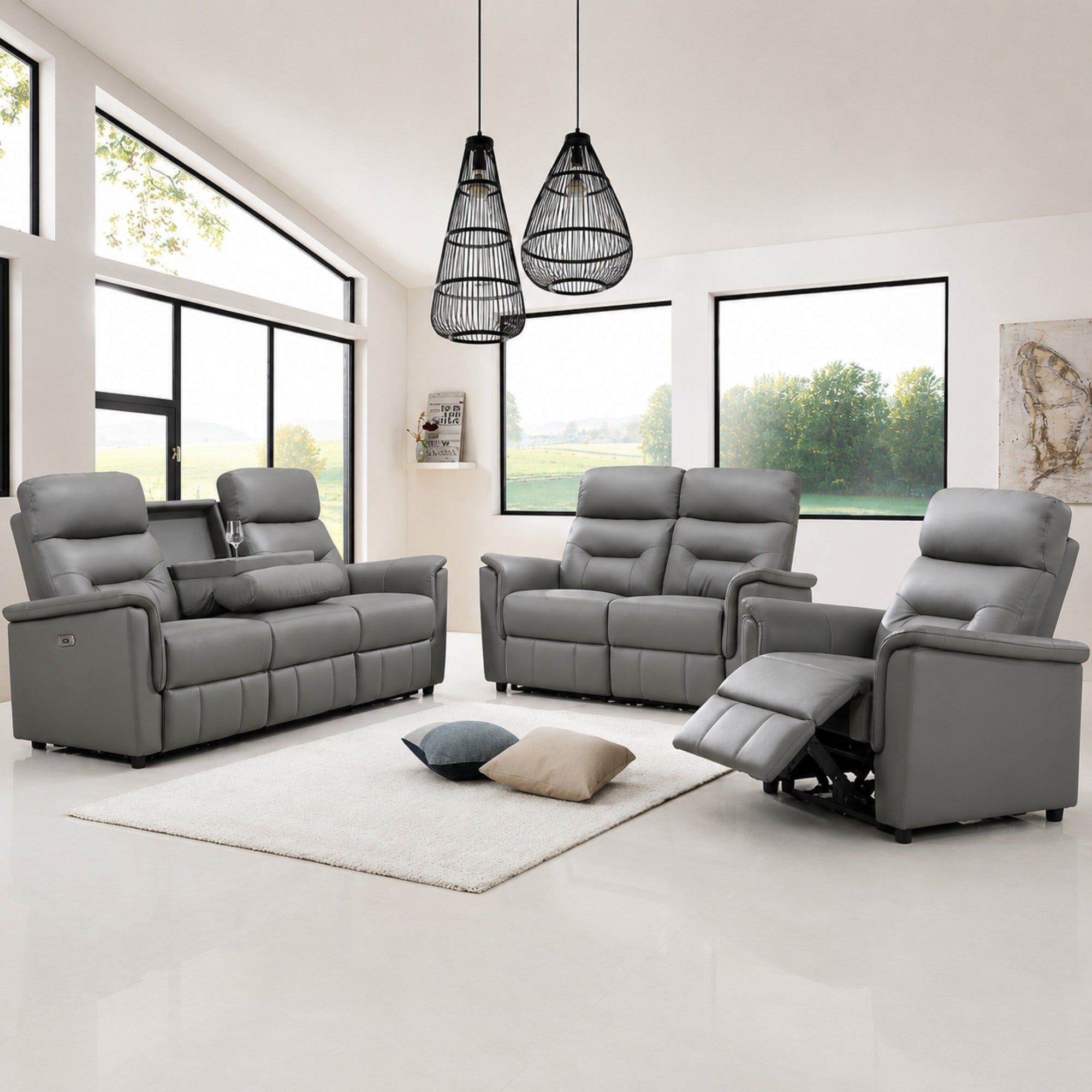Serenity Genuine Leather Power Reclining Sofa Set Grey
