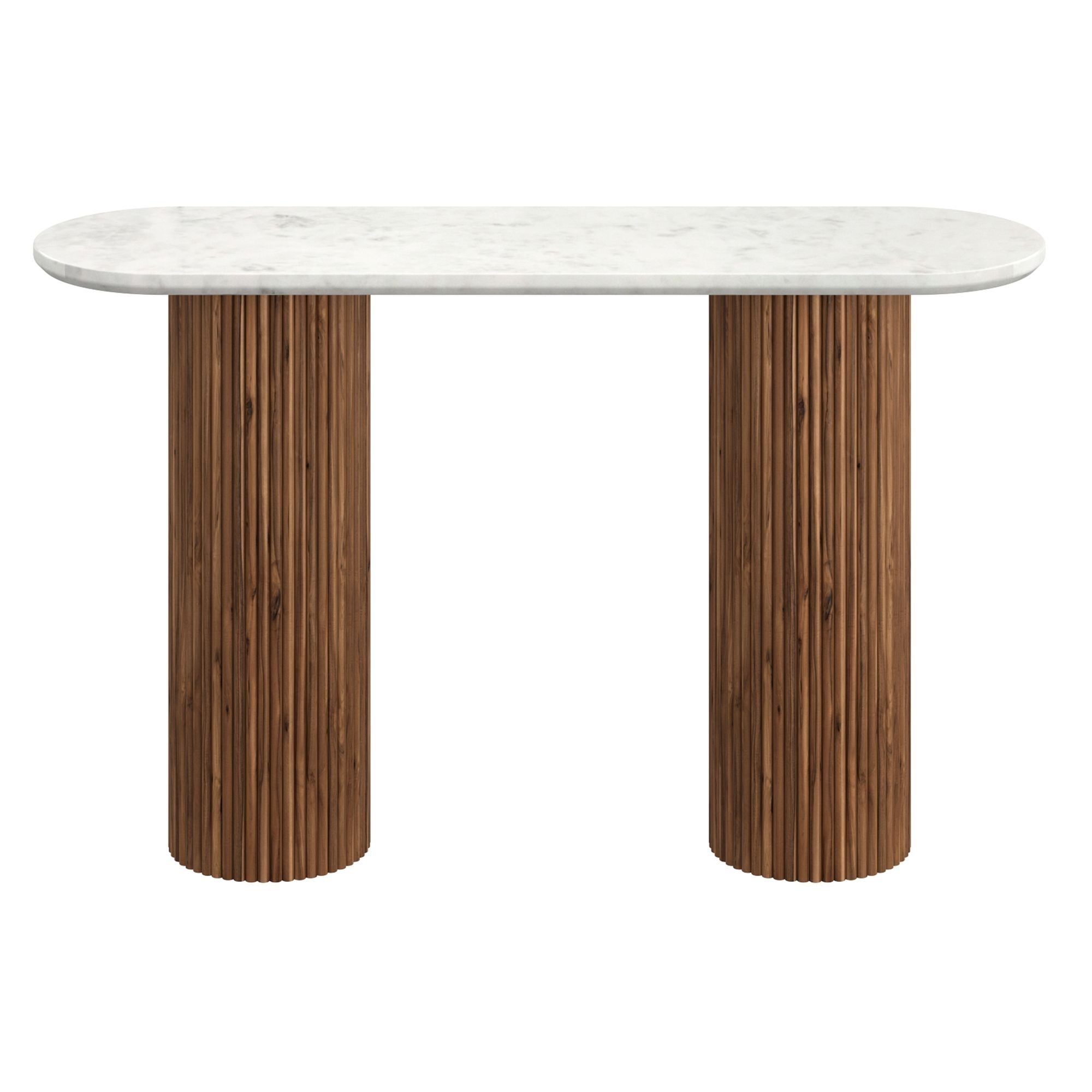Jilsa 50-inch marble console table by World Wide featuring walnut wood frame and white marble top in a modern design.