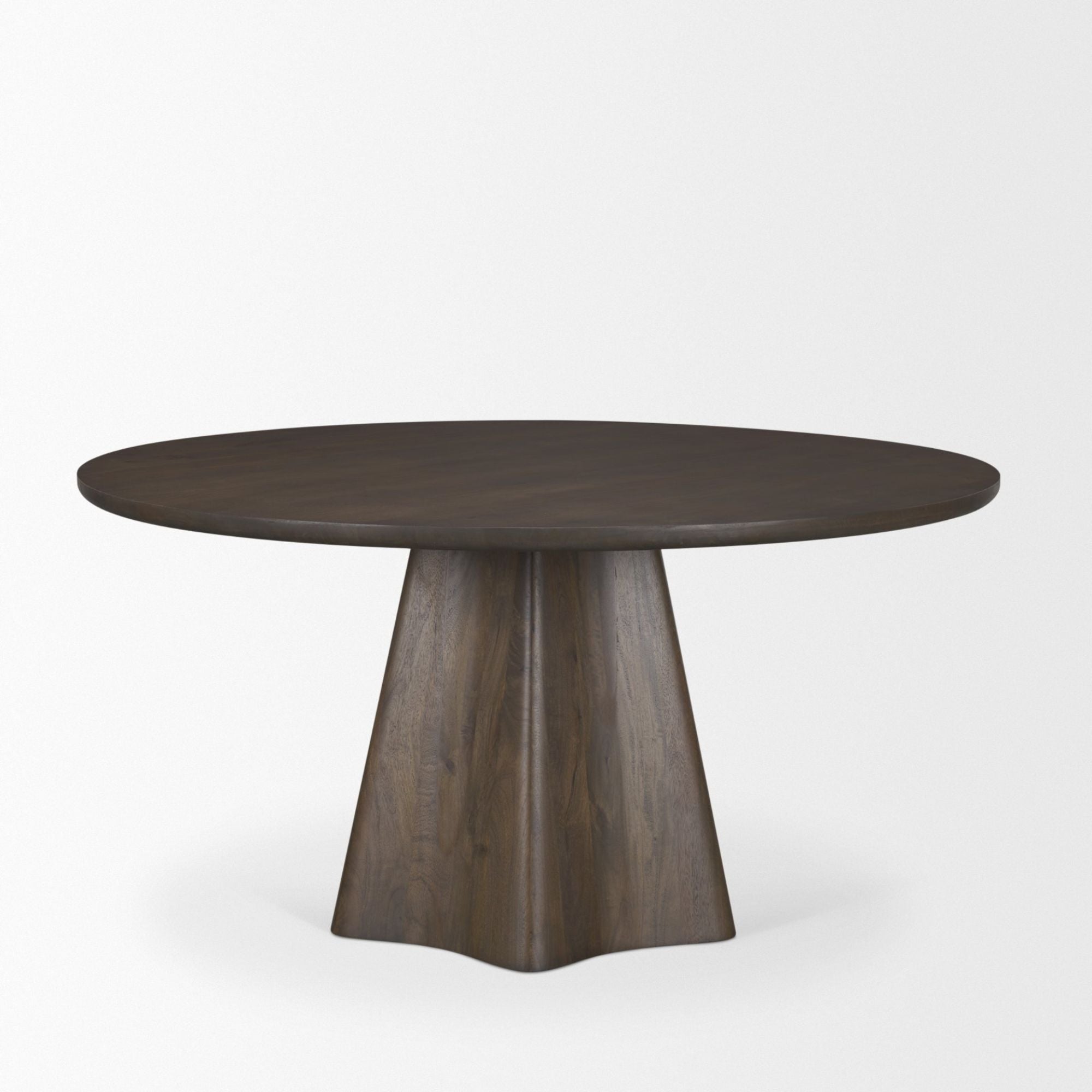 Dark brown Mercana Jovani 60-inch round mango wood dining table with a sleek pedestal base, ideal for modern dining rooms.