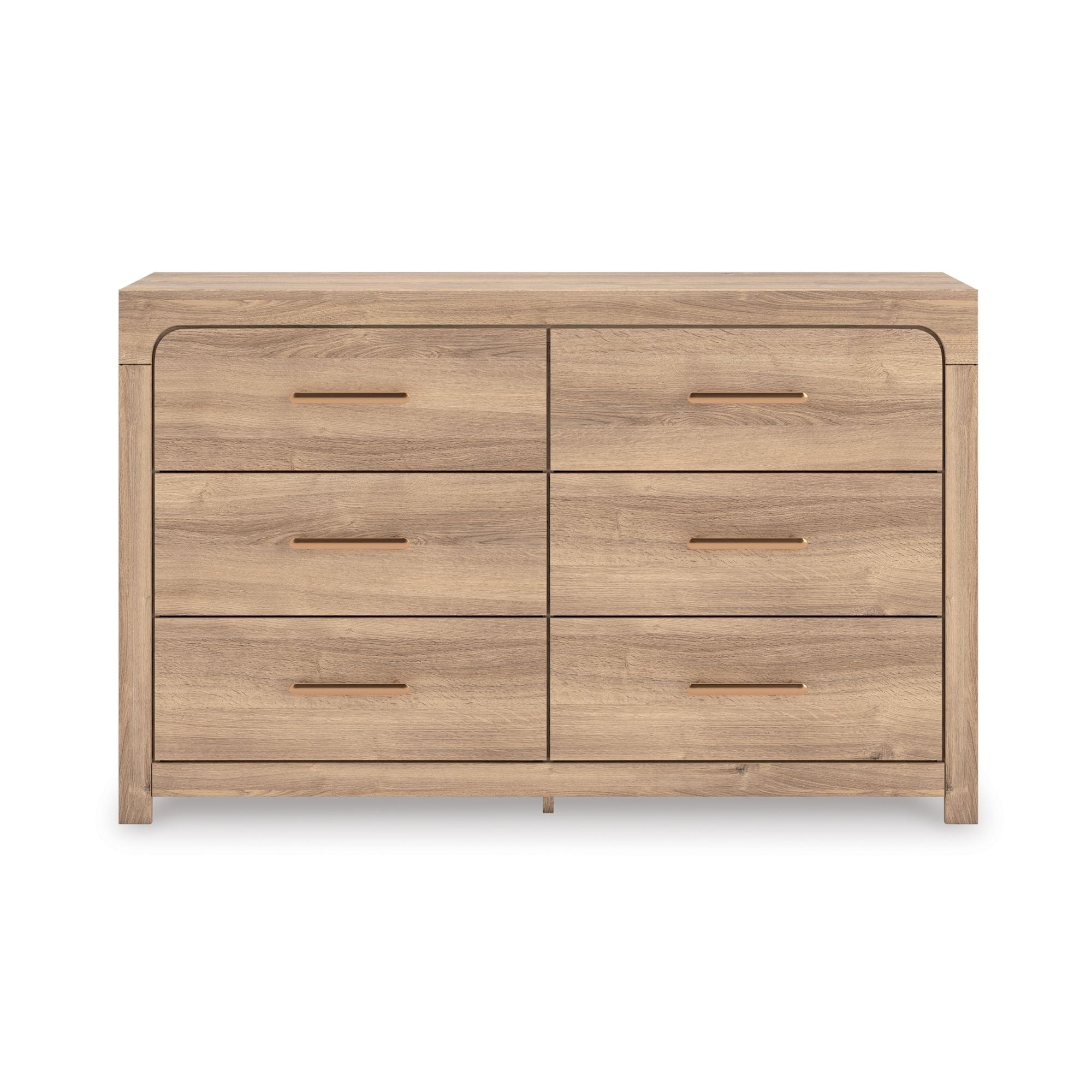 Six-drawer tan dresser from the Kinlanni bedroom set by Signature Ashley, featuring sleek design and ample storage space.