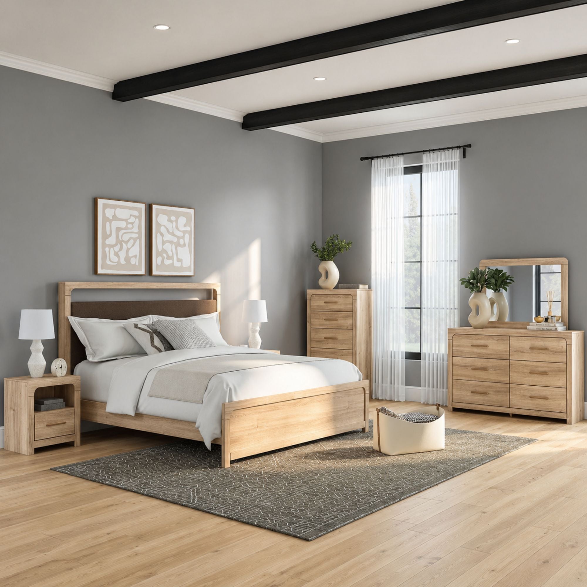Kinlanni upholstered platform bedroom set in tan with clean lines and modern design, includes bed frame and matching furniture.