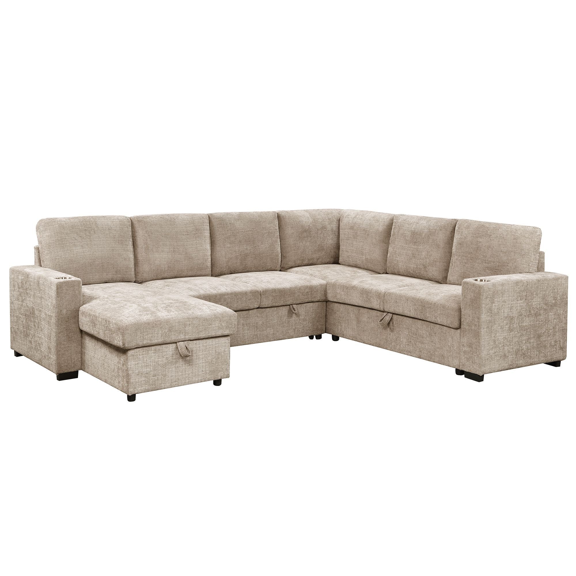 Lennox beige right-facing sectional sofa bed with chaise and built-in storage, showcasing plush upholstery and modern design.