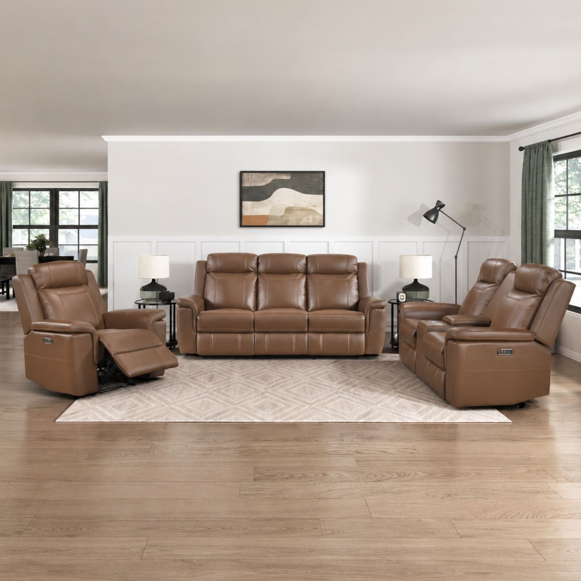 Nest Dual Power leather reclining sofa set in toffee brown by MAZ, showing plush seating and reclining features in a modern living room.