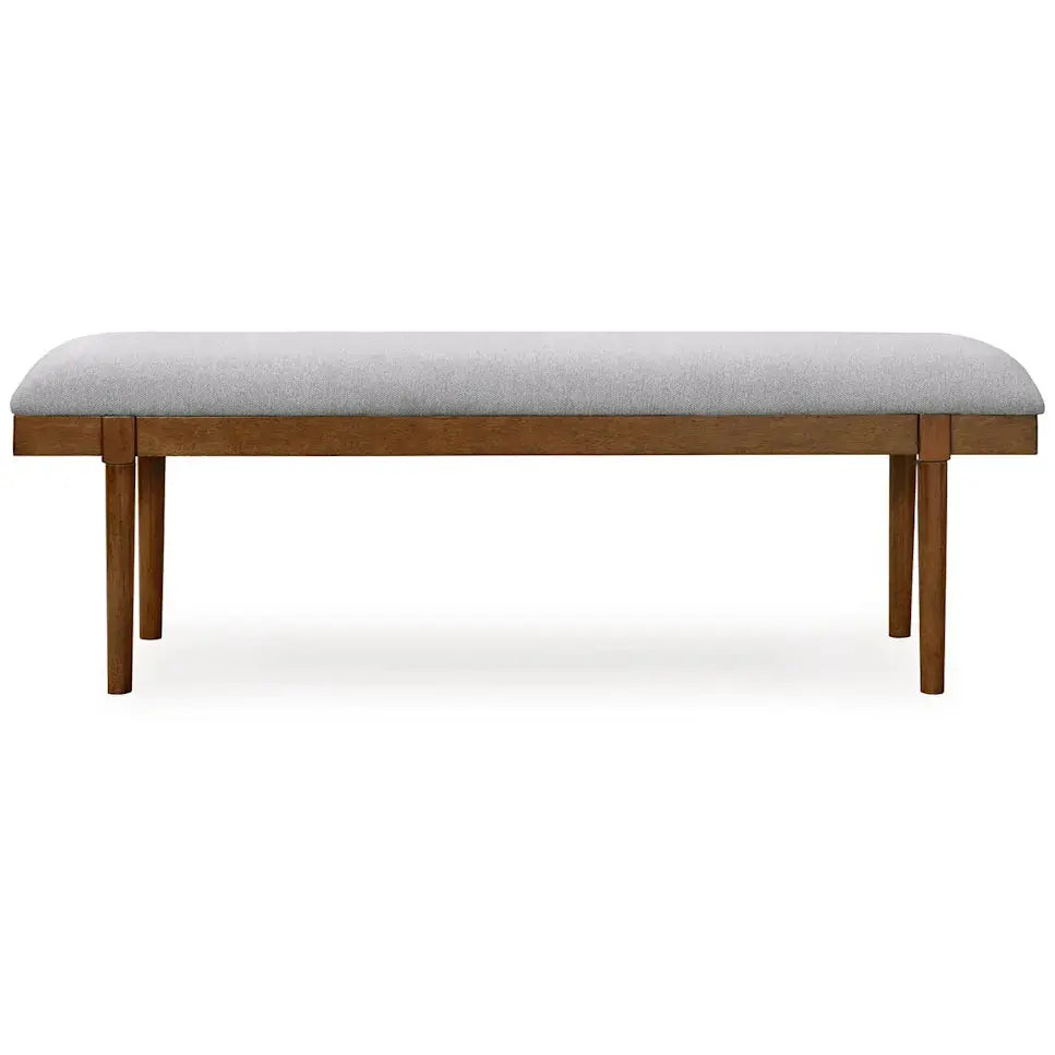 Large Lyncott Accent Dining Room Bench by Signature Ashley with wooden legs and upholstered padded seat for comfortable seating.