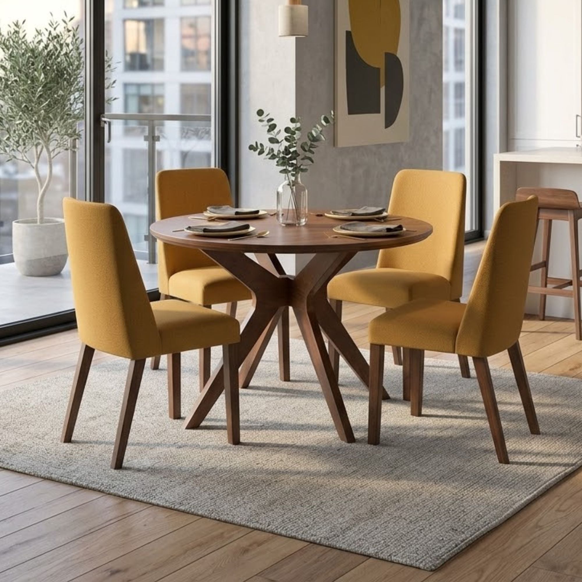 Lyncott Collection round dining table set by Signature Ashley with mustard-colored finish and matching chairs in a dining room setting.