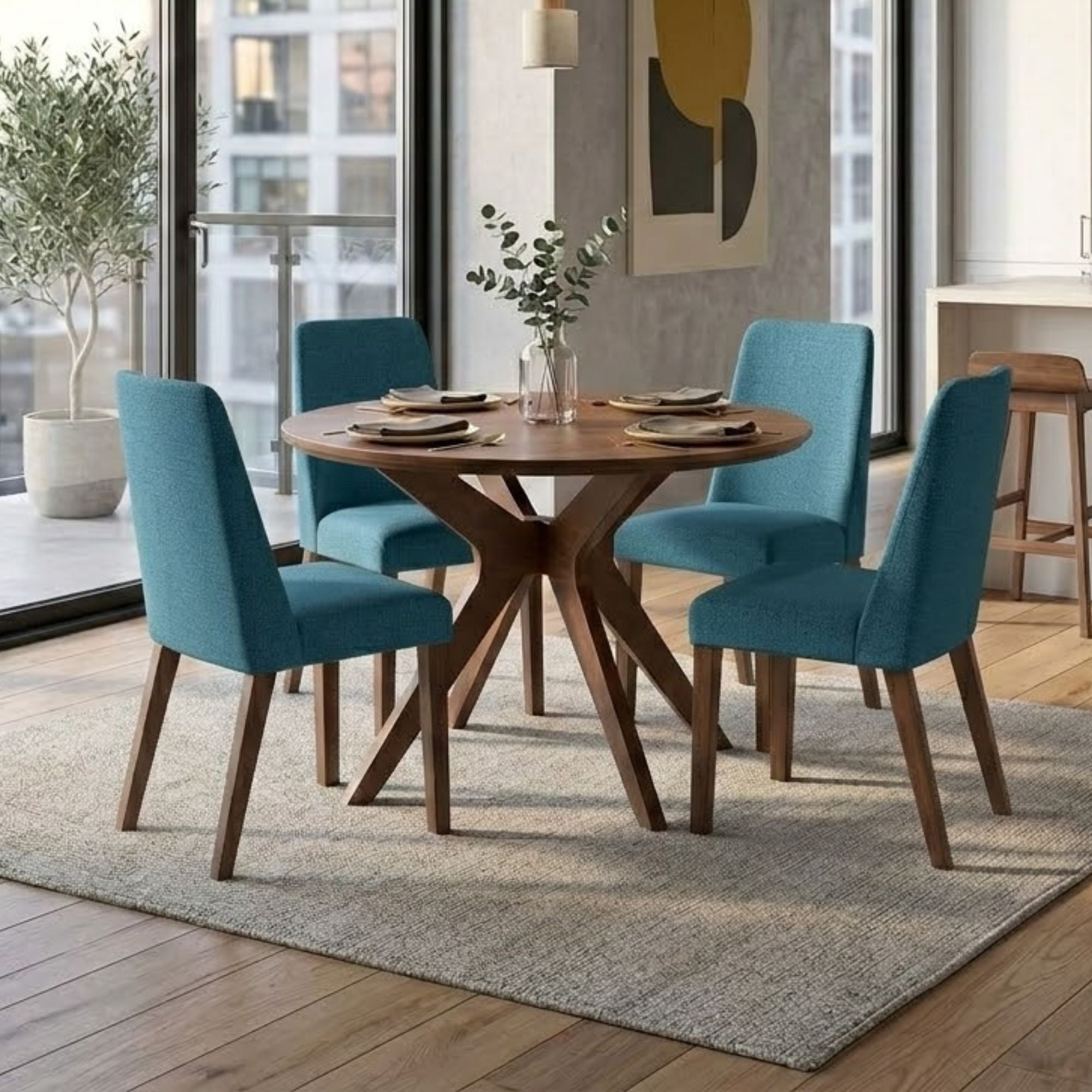 Round blue Lyncott Collection dining table from Signature Ashley, part of the dining room set with a sleek, modern design.