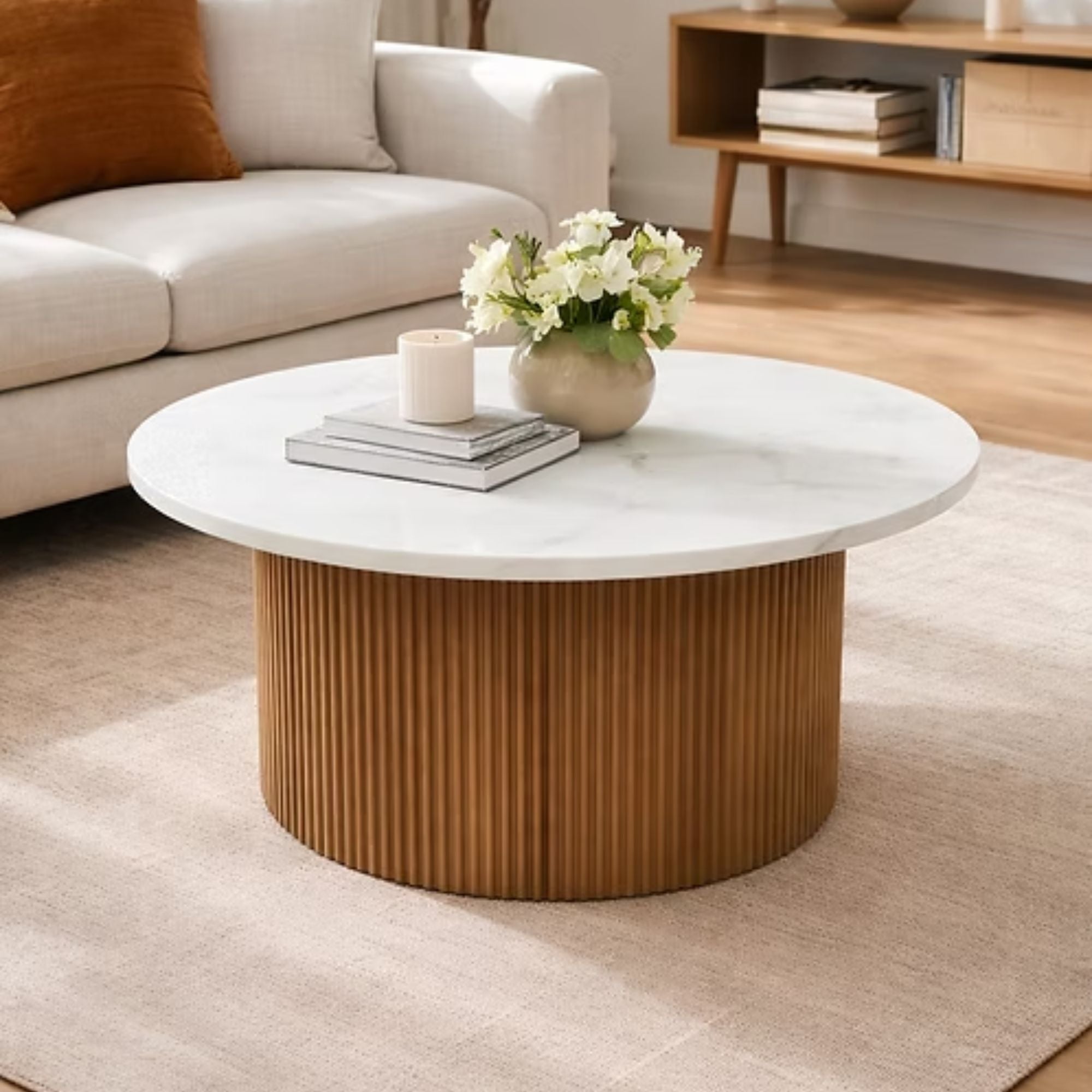 Roman white marble coffee table with walnut base by Elite Living, featuring a sleek modern design and smooth marble surface.