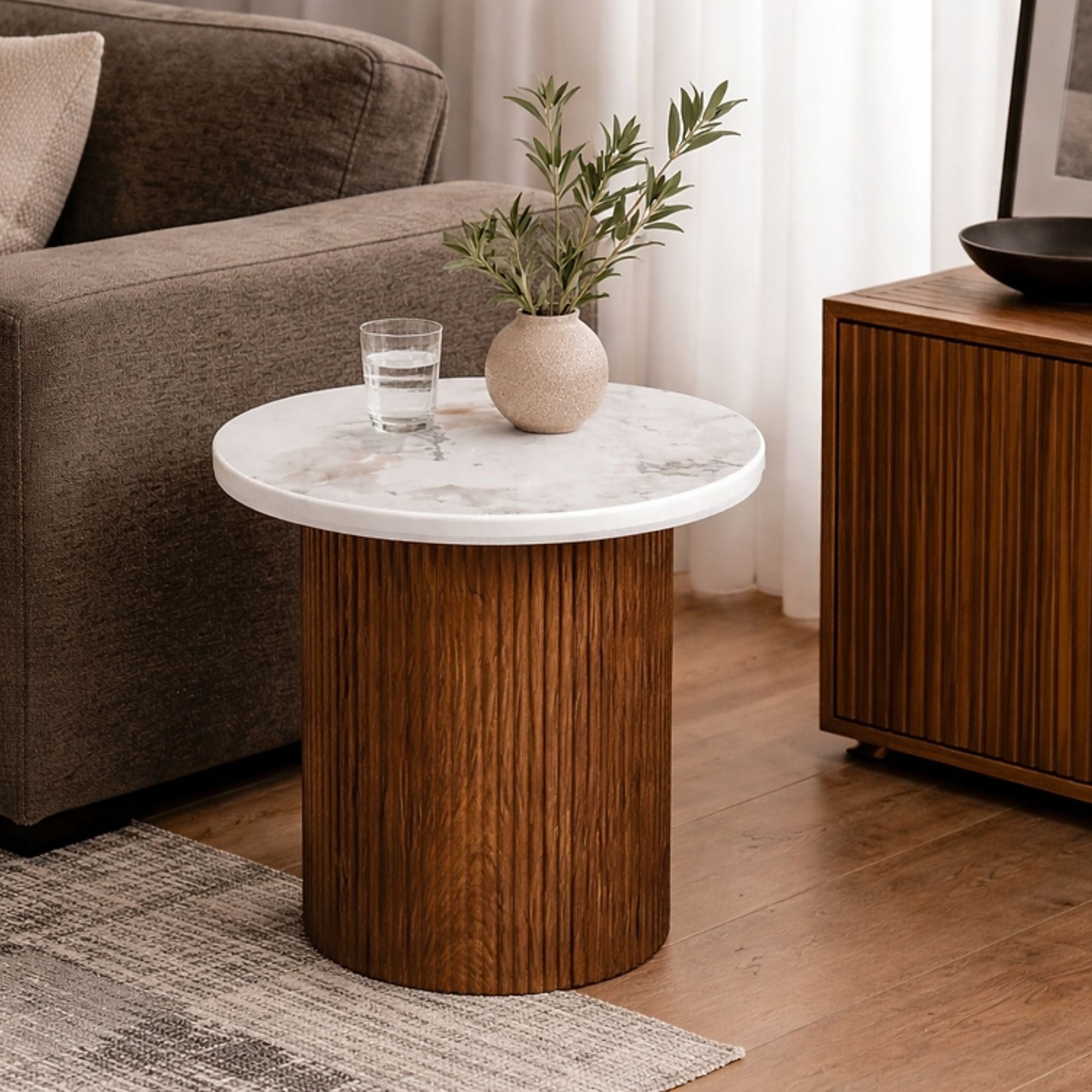 Roman white marble end table with walnut base, modern design perfect for living room decor, by Elite Living.
