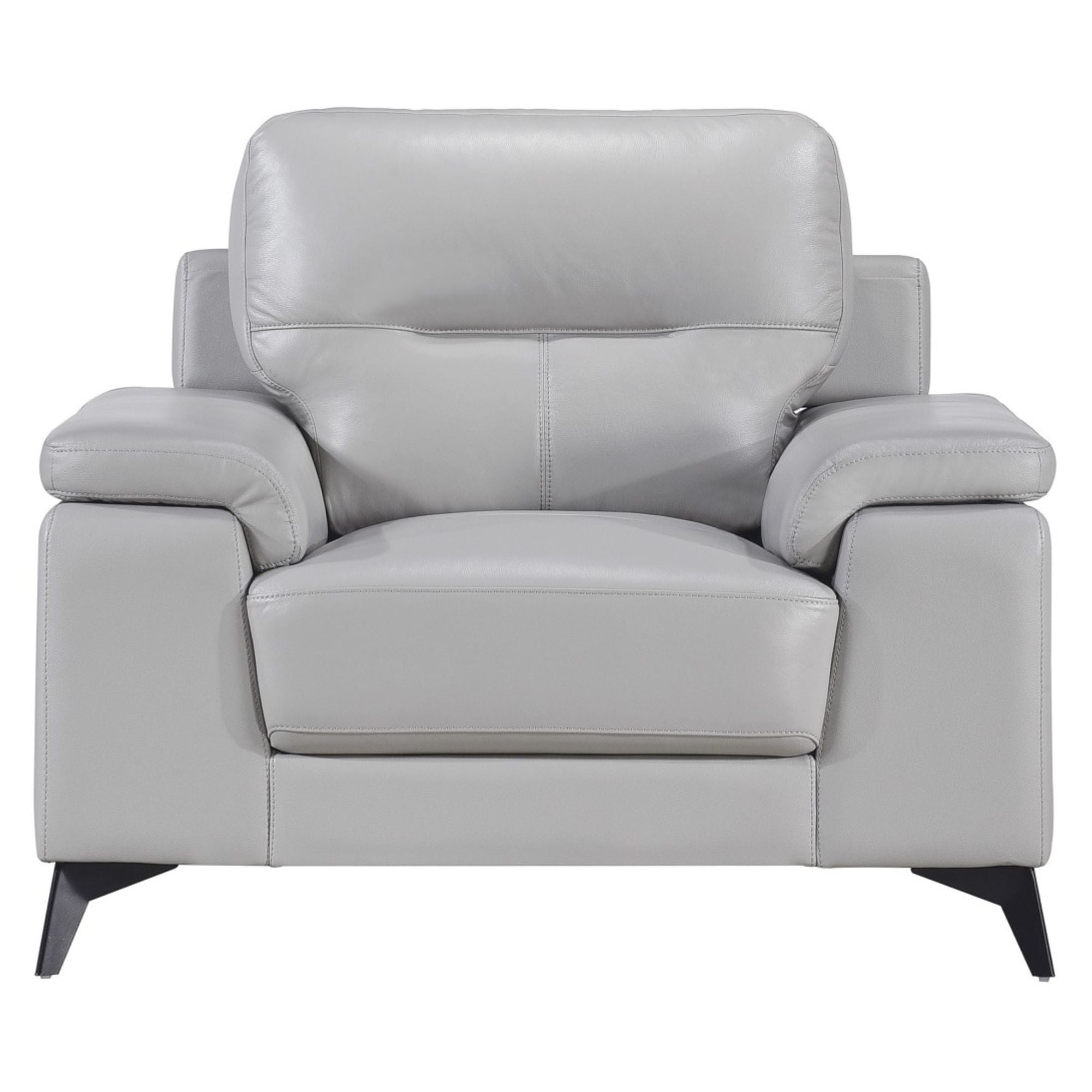Light grey Mischa leather accent chair by MAZ with a modern design and sleek wooden legs, ideal for stylish living spaces.