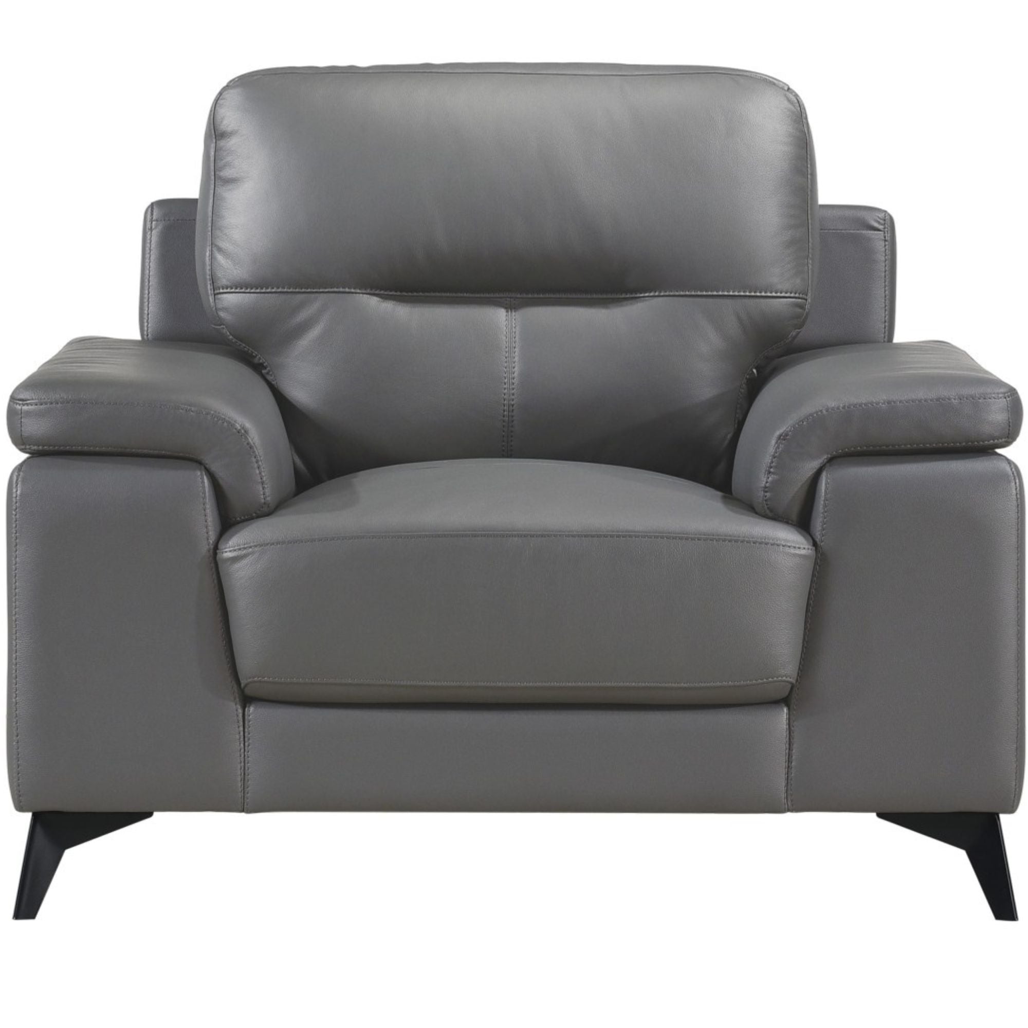 Dark grey Mischa leather accent chair by MAZ featuring a sleek, modern design with cushioned seat and stylish armrests.