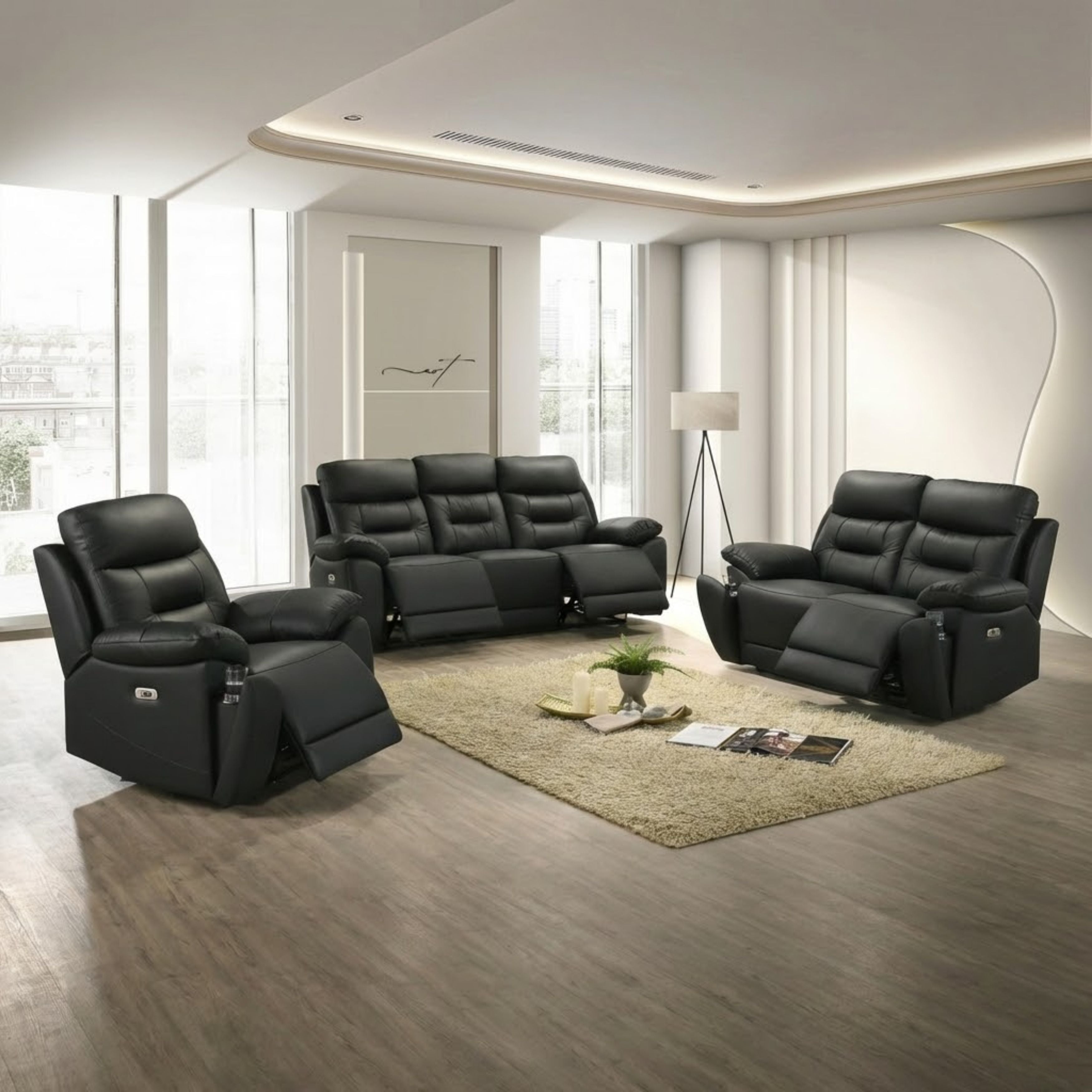 Black Milan Luxe leather power recliner sofa set by IFF, featuring plush cushions and modern reclining design.
