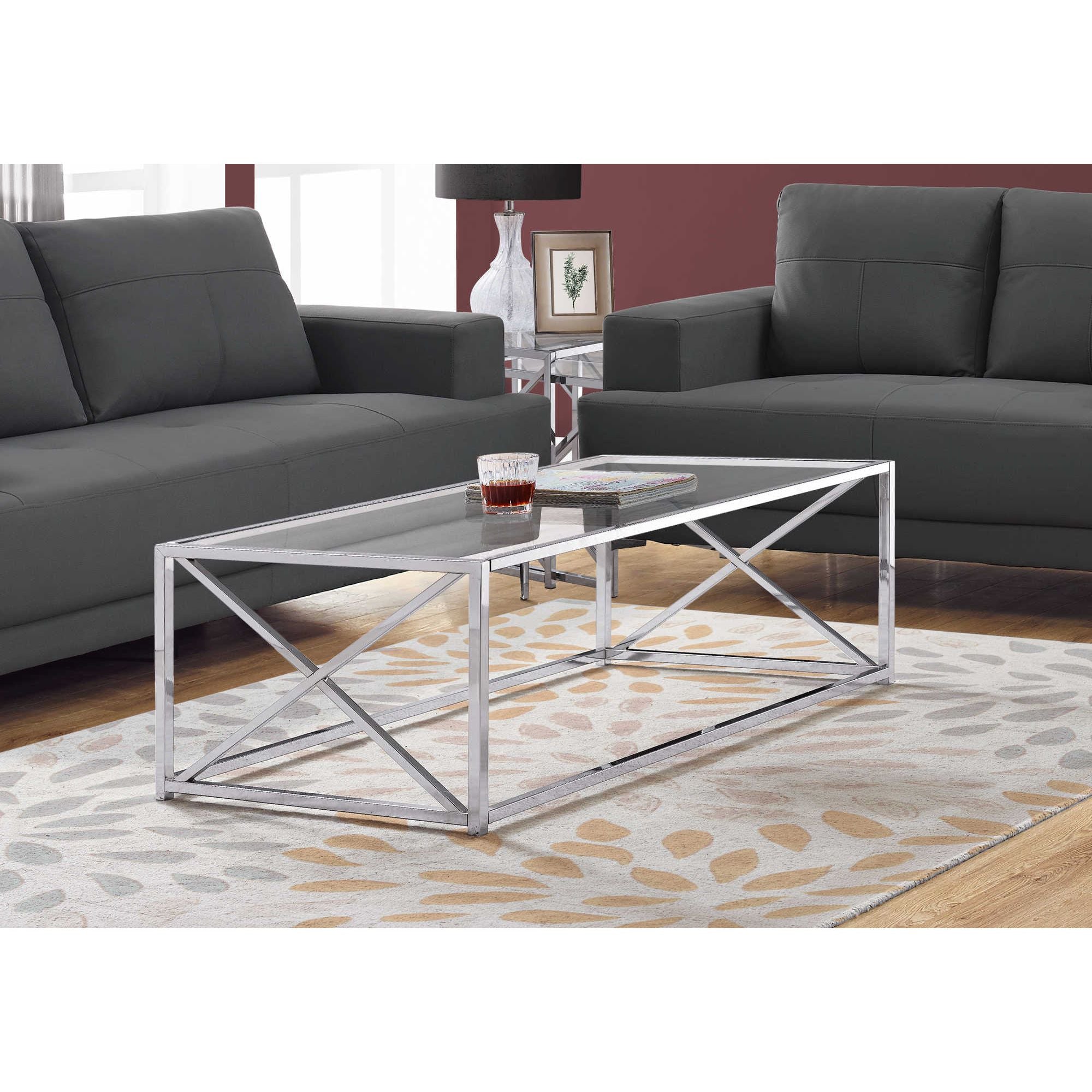 Modern Nexis coffee table by Monarch Specialties featuring a sleek wooden surface and metal legs in a contemporary living room setting.