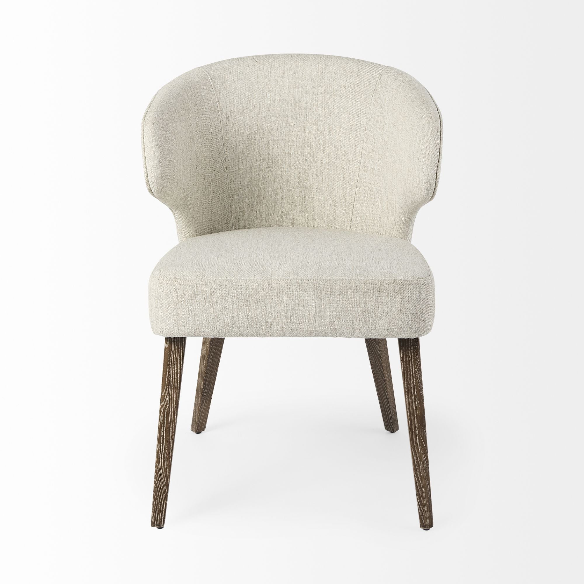 Medium brown Mercana Niles fabric dining chair with cushioned seat and backrest, showcasing elegant wooden legs and modern design.