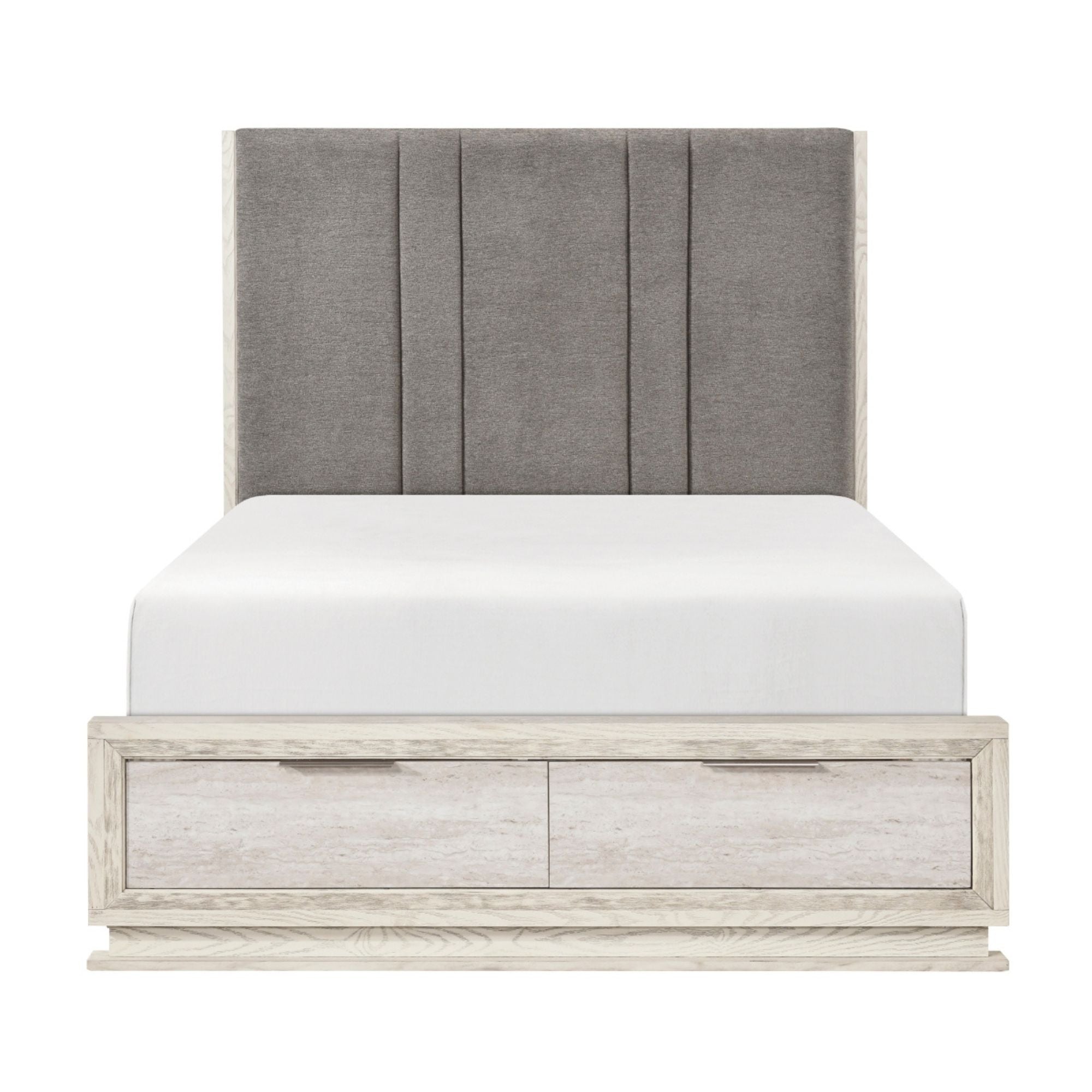 MAZ Noctis Collection bed with sleek modern design, featuring a neutral upholstered headboard and stylish wooden frame.