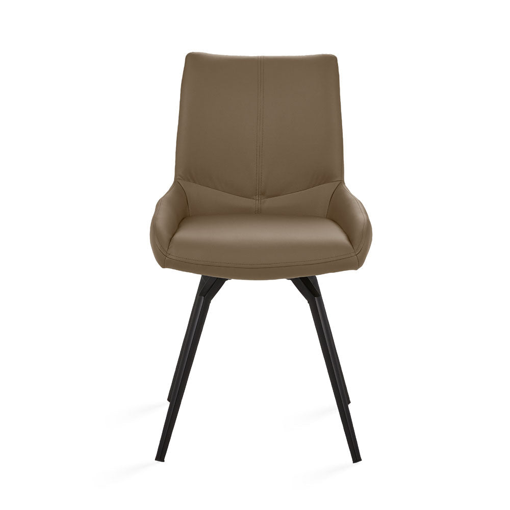 Pair of Xcella Nona swivel dining chairs with taupe faux leather upholstery and modern design, shown from the front.