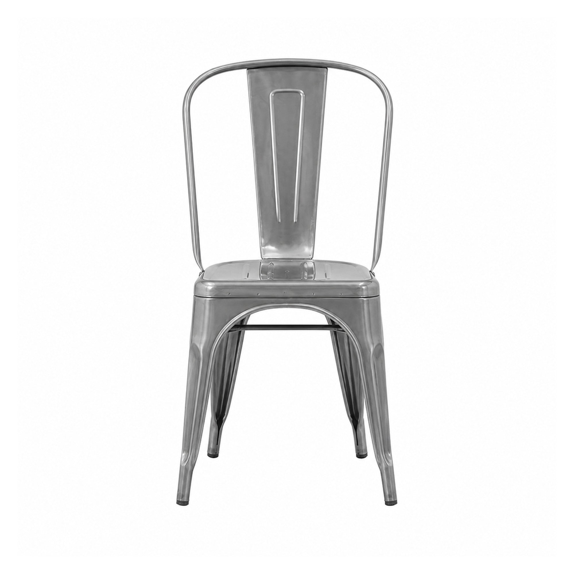 Set of two Elite Living Rochelle stackable dining chairs in gun steel finish, perfect for outdoor dining and modern outdoor decor.