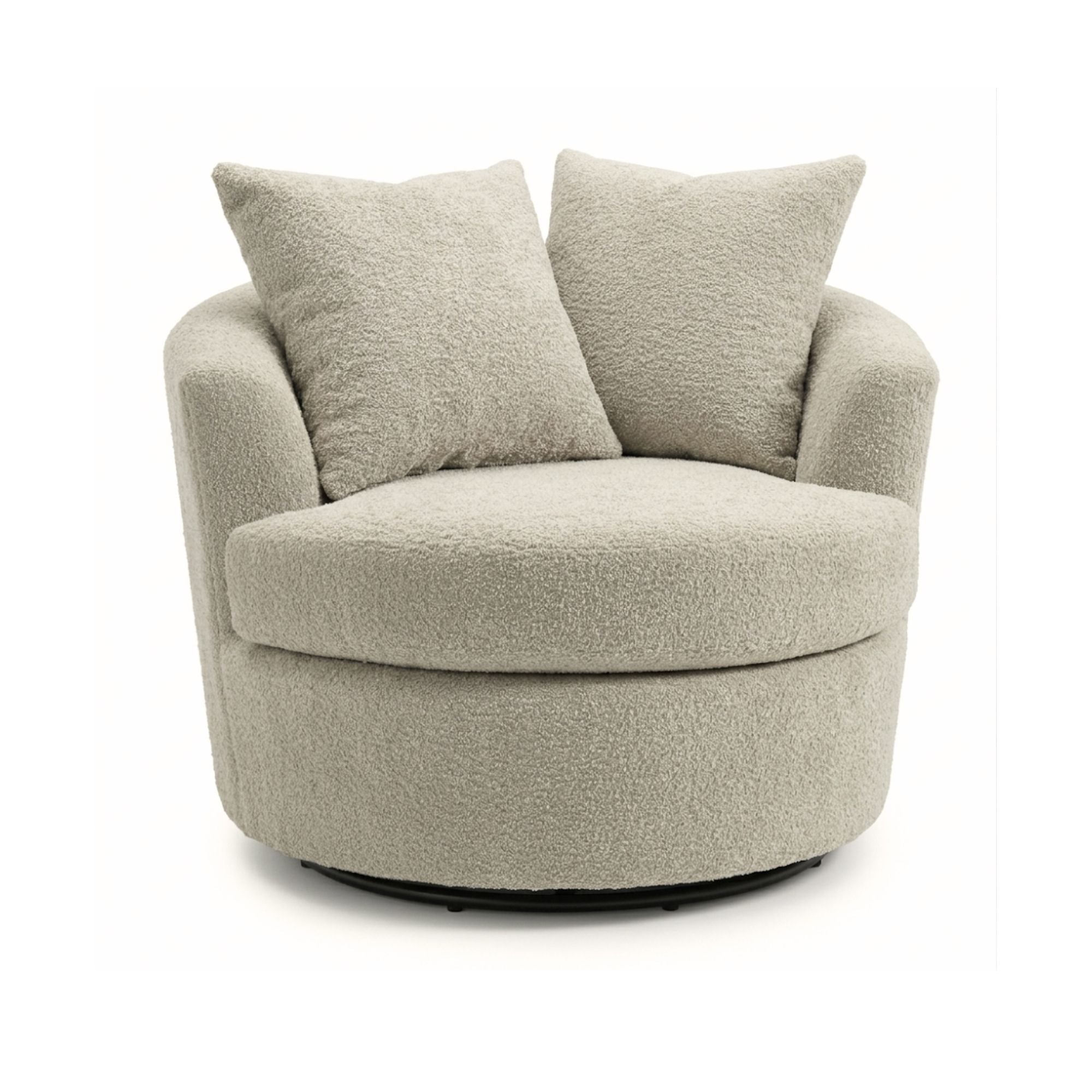 A beige Canadian-made oversized bouclé fabric swivel chair with a modern design, featuring plush textured upholstery and a sturdy base.