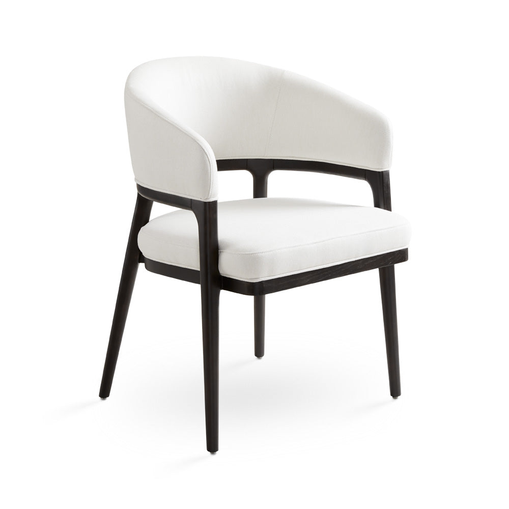 Xcella Erica white dining chair with wooden legs, modern kitchen and dining room chair shown from a three-quarter perspective.