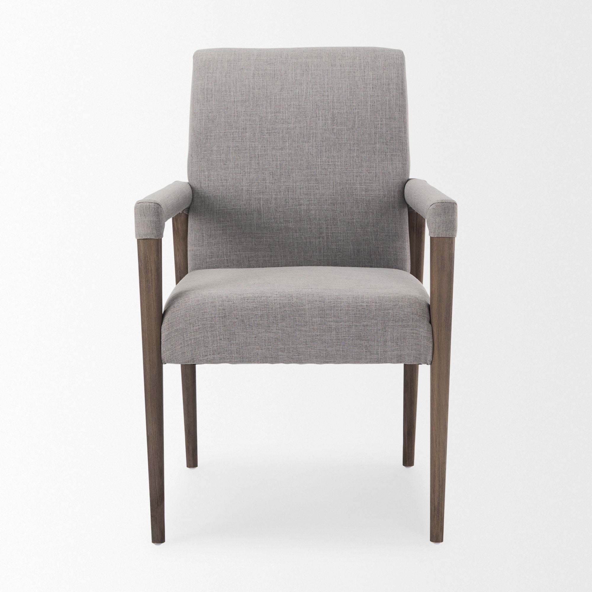 Gray Mercana Palisades Dining Armchair with wooden legs and cushioned seat, showcasing a modern dining chair design.