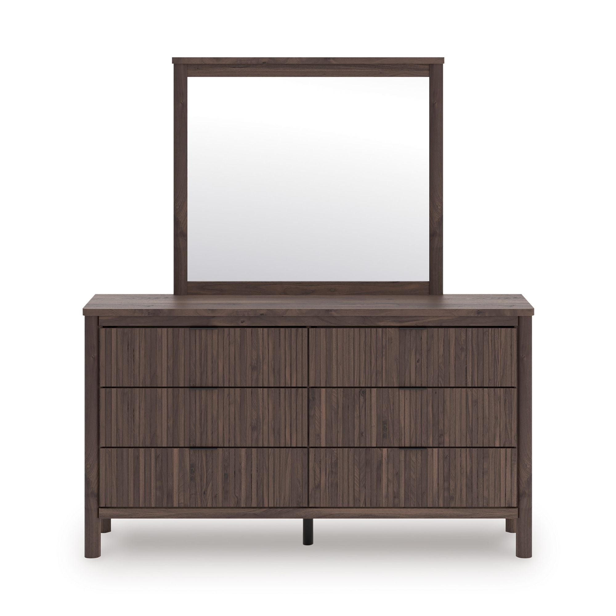 Signature Ashley Pamytta dresser and mirror set in a modern bedroom with wood finish and sleek design.