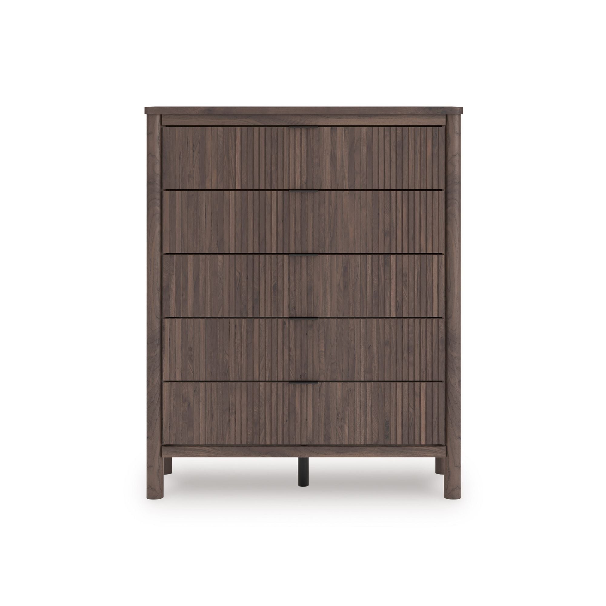 Brown Pamytta five-drawer wide chest by Signature Ashley with sleek design and ample storage in a bedroom setting.