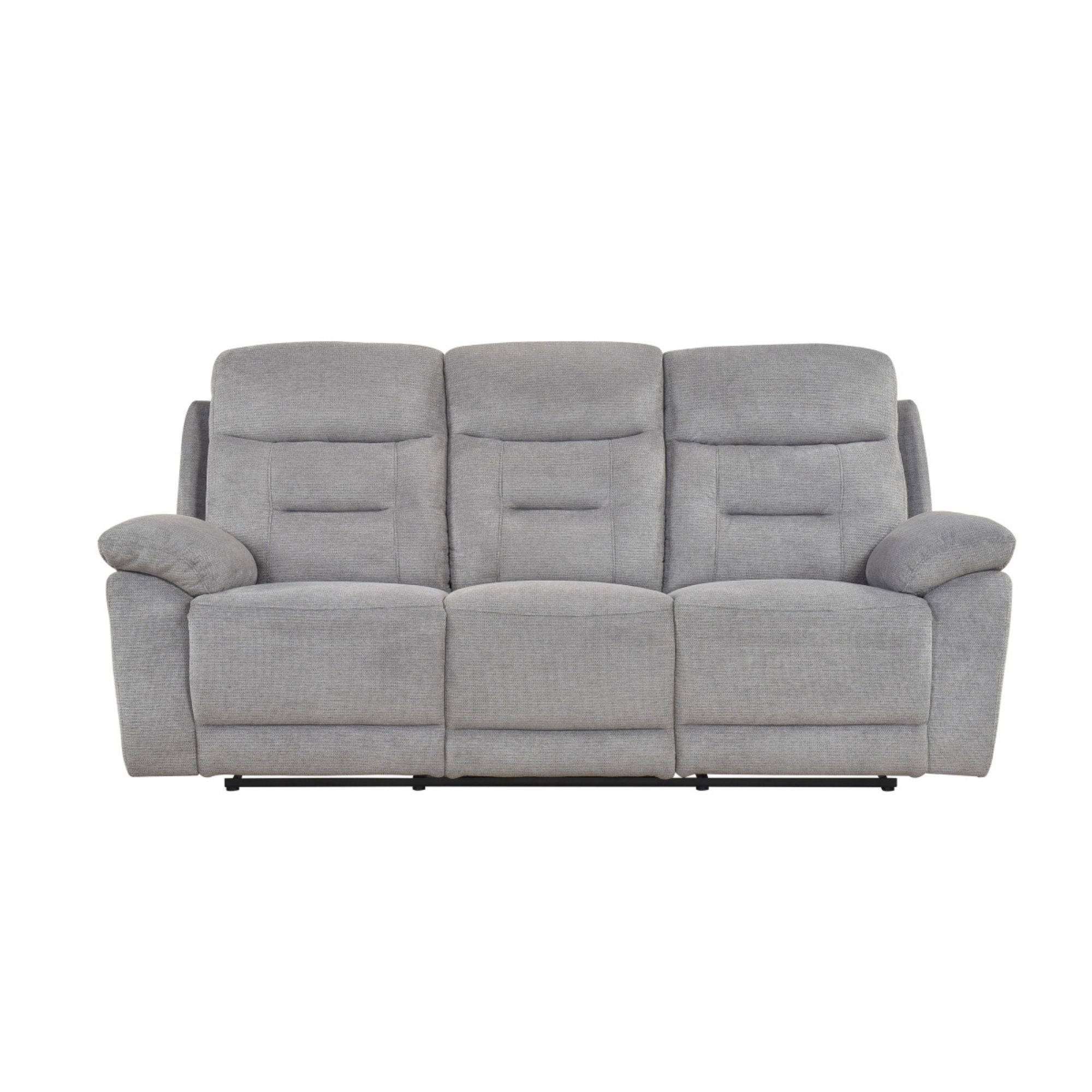 MAZ Perrin reclining sofa with plush fabric upholstery and padded armrests, showcasing a modern, comfortable recliner design.