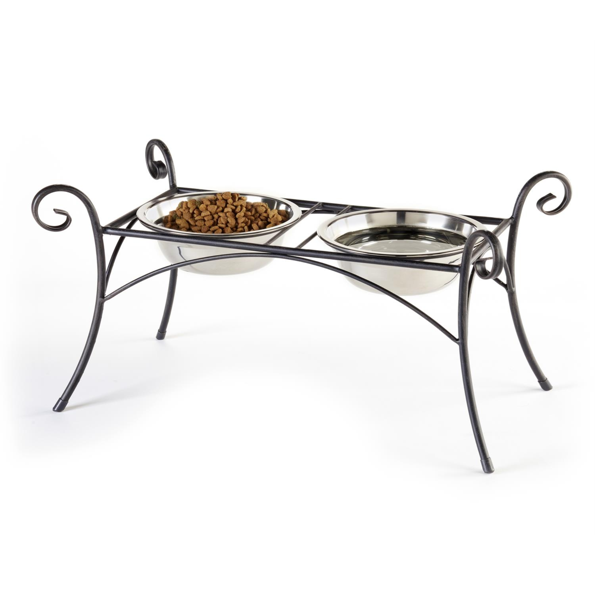 Maison stainless steel pet bowl with black stand, featuring decorative pet bows for stylish and functional feeding.