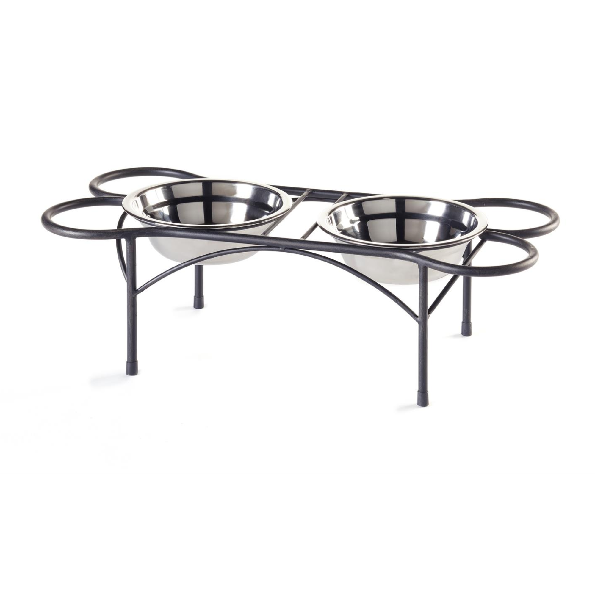 Small stainless steel pet bowl with black stand by Maison, featuring a decorative pet bow on the bowl's edge.