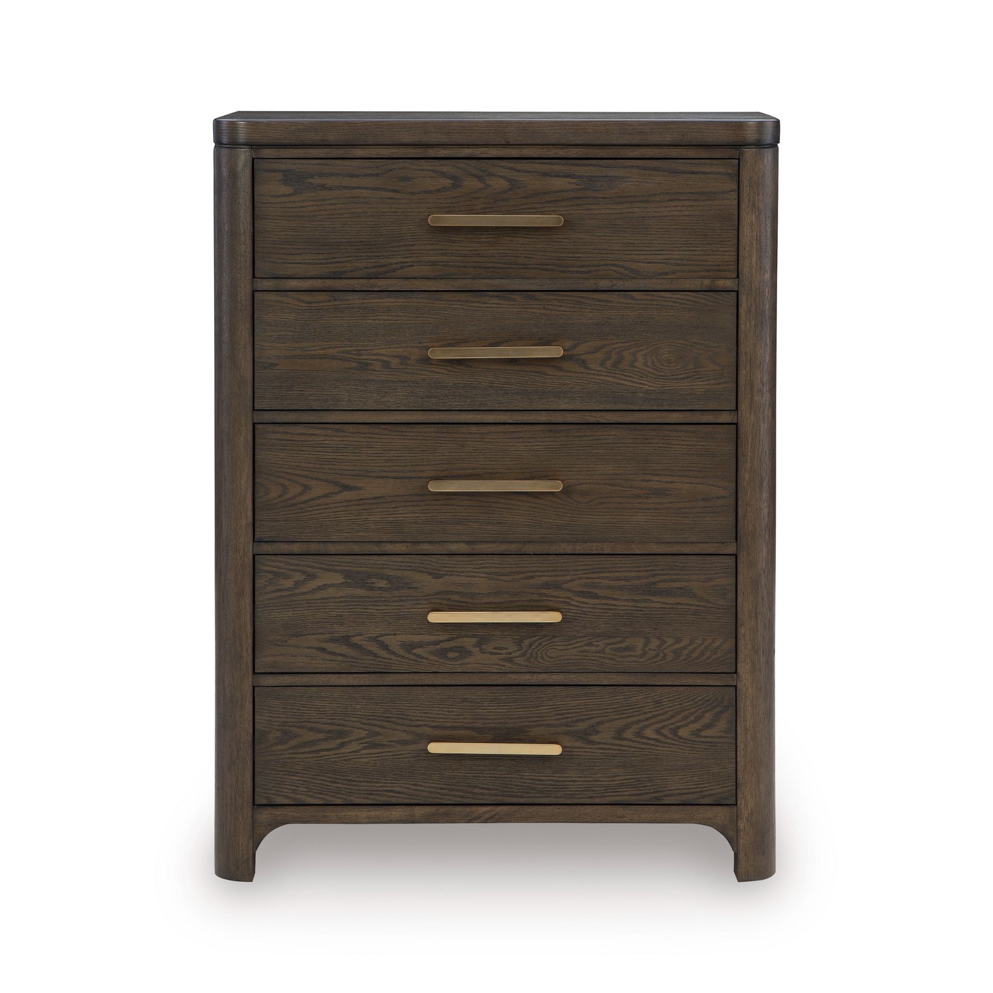 Radkin five-drawer chest from Signature Design by Ashley, showcasing a wooden bedroom storage piece with sleek drawer pulls.