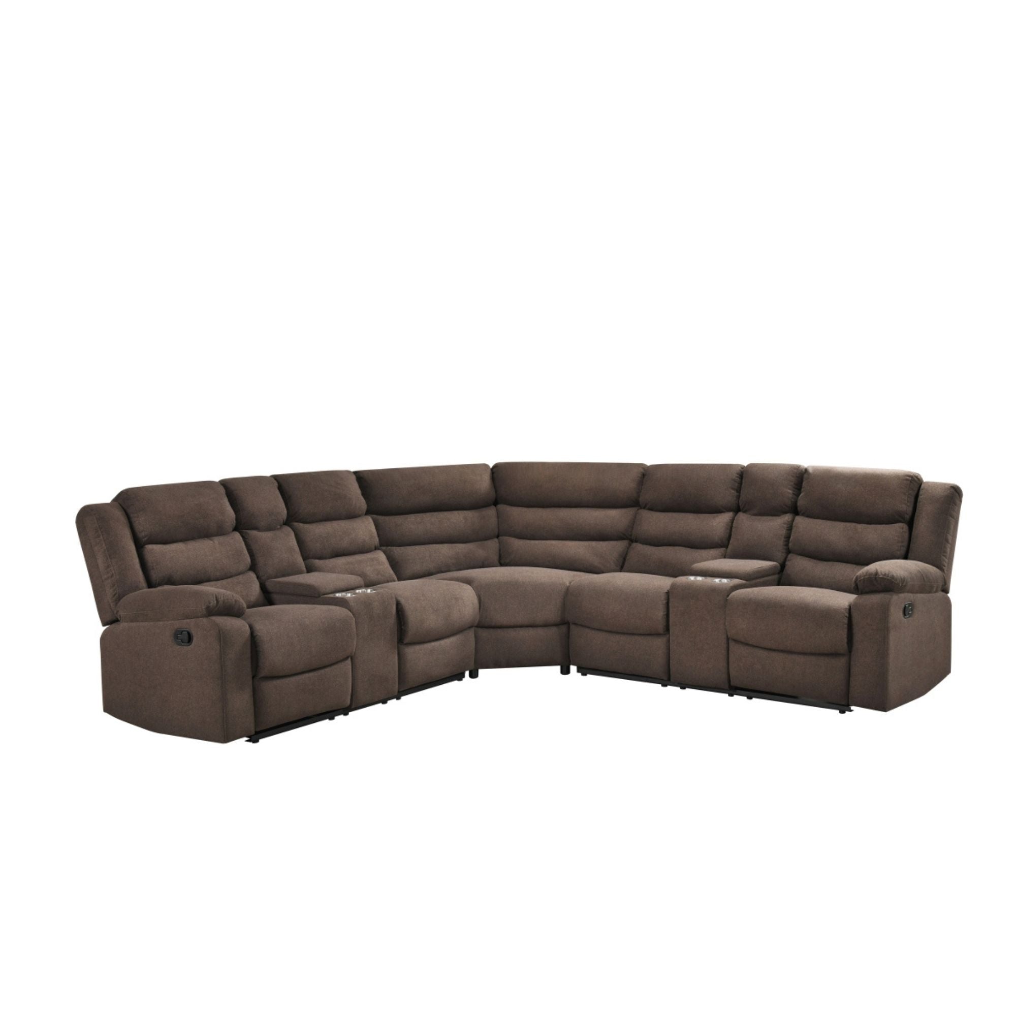 MAZ Rahid Collection 3-piece reclining sectional sofa in brown fabric, showing plush cushions and reclining features.
