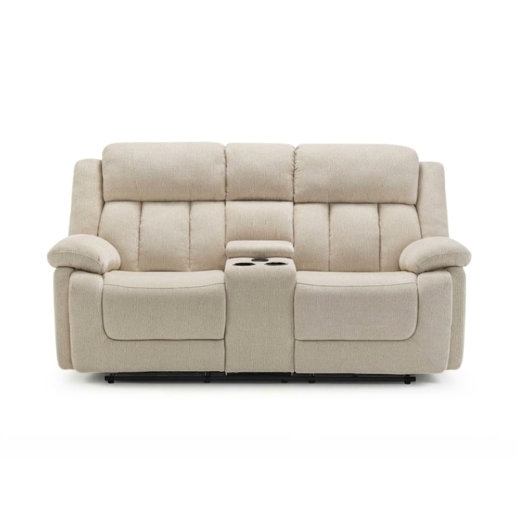 Beige Monarch Specialties Royale Comfort Power Reclining Loveseat with built-in console and USB ports, featuring plush cushions and armrests.