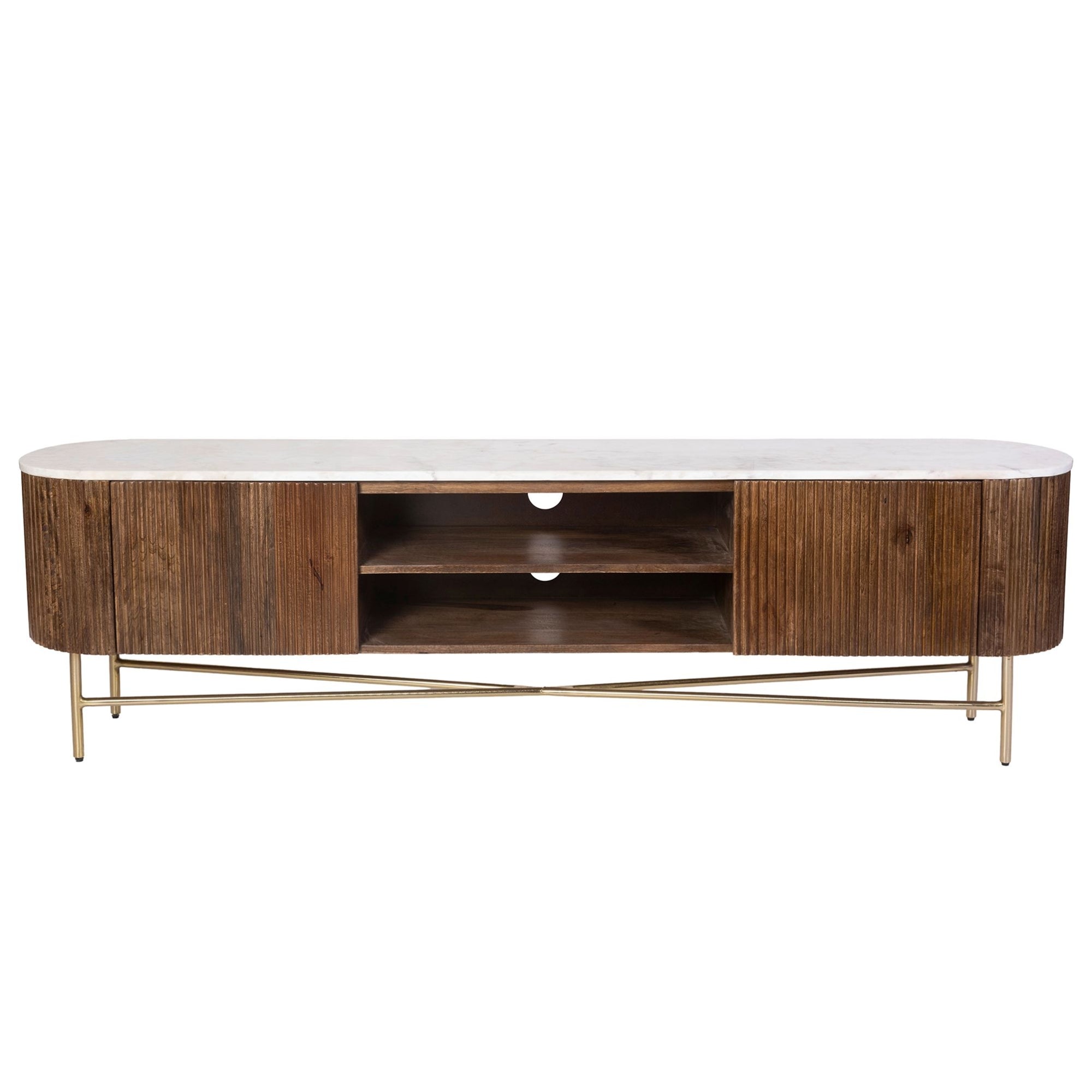 Reyna 71-inch media cabinet by World Wide featuring walnut wood finish and white accents, with open shelves and closed storage.