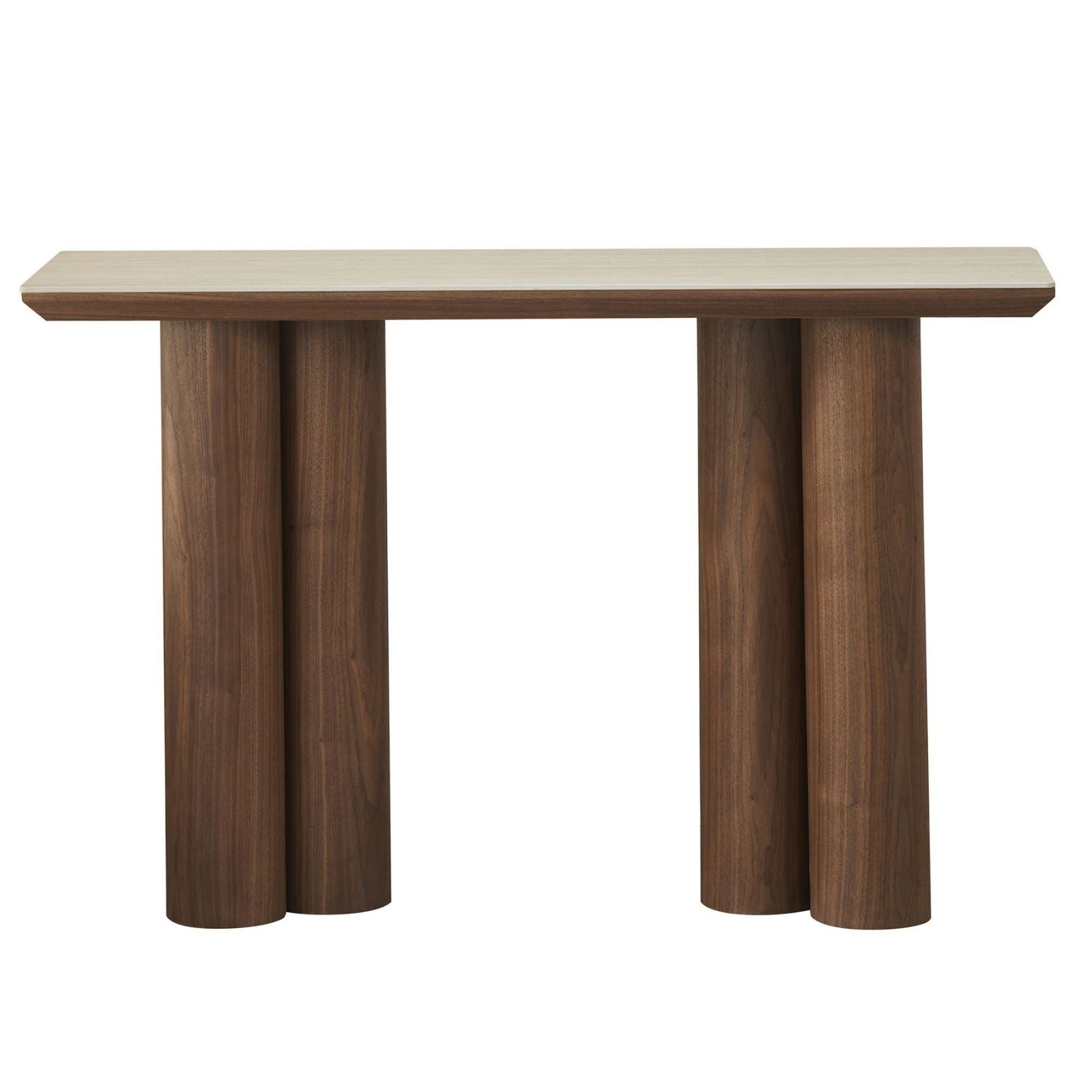 Seaton 47.25-inch sintered stone console table with walnut wood frame and travertine tabletop, modern and stylish furniture piece.