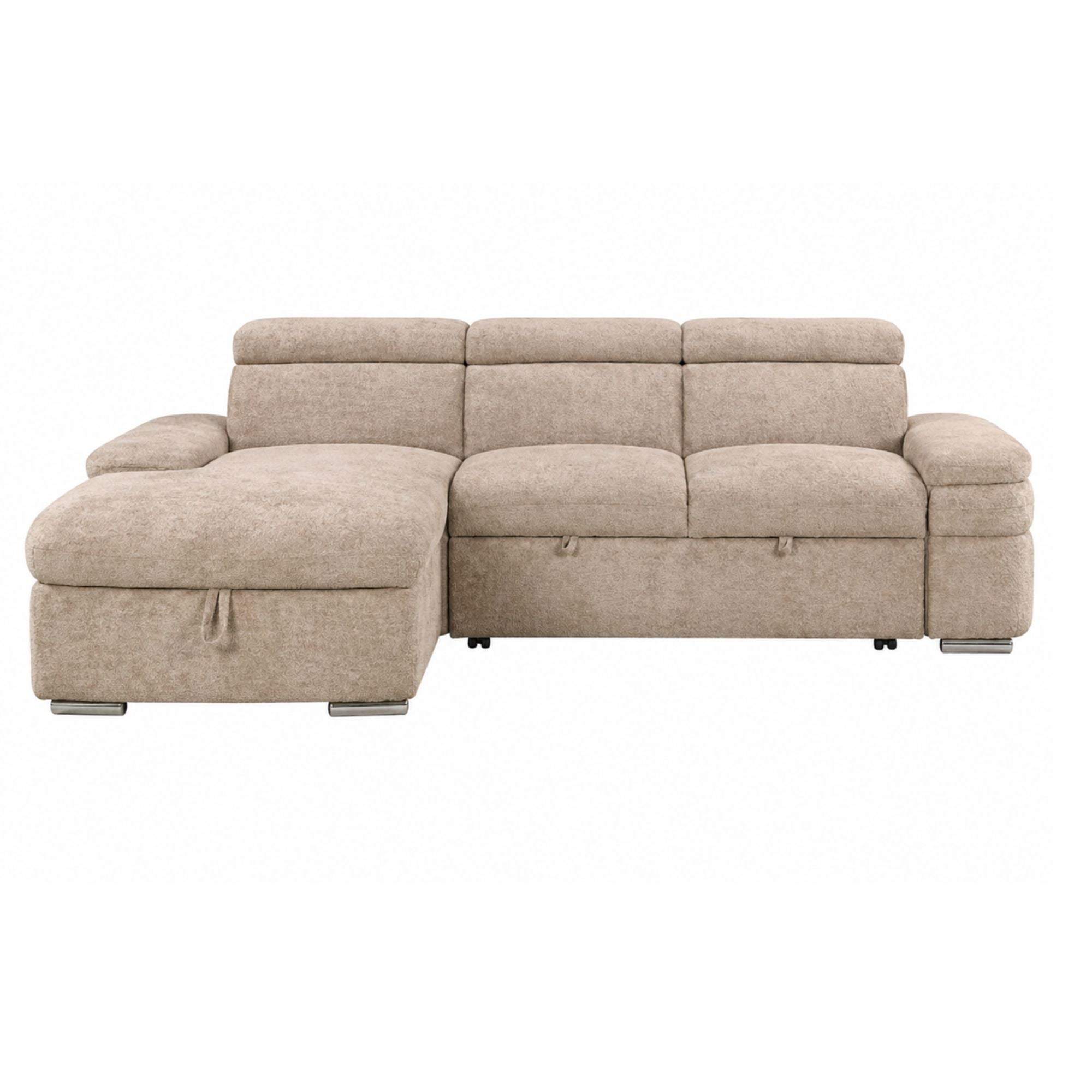 Beige Brassex sectional sleeper sofa with storage chaise, showcasing plush cushions and modern design in a living room setting.