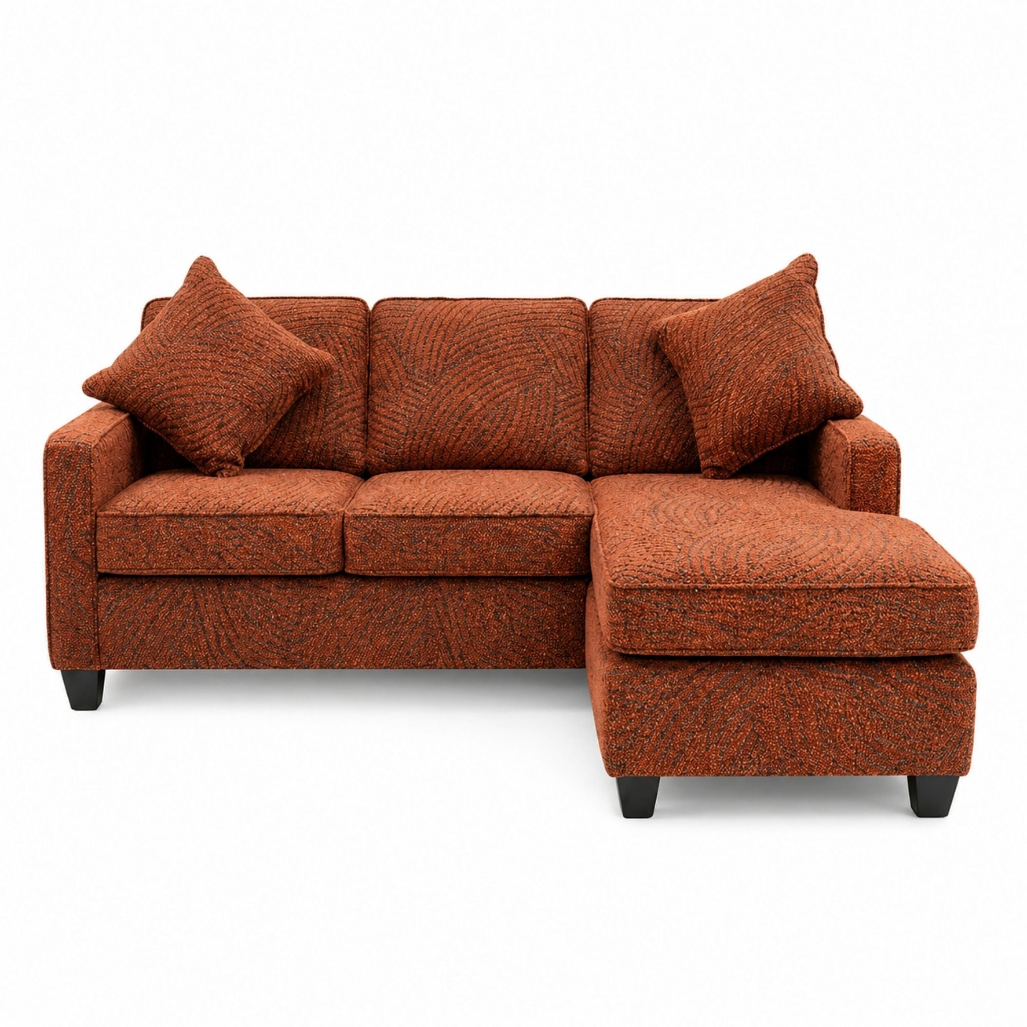 Canadian made reversible sectional sofa with chaise and ottoman in vibrant orange fabric, by A.C.