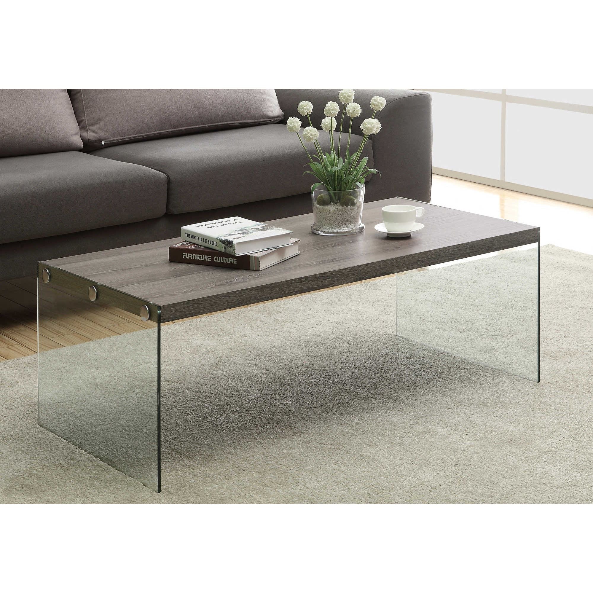 Dark taupe Silva coffee table by Monarch Specialties, showcasing a sleek modern design with smooth surfaces and sturdy legs.