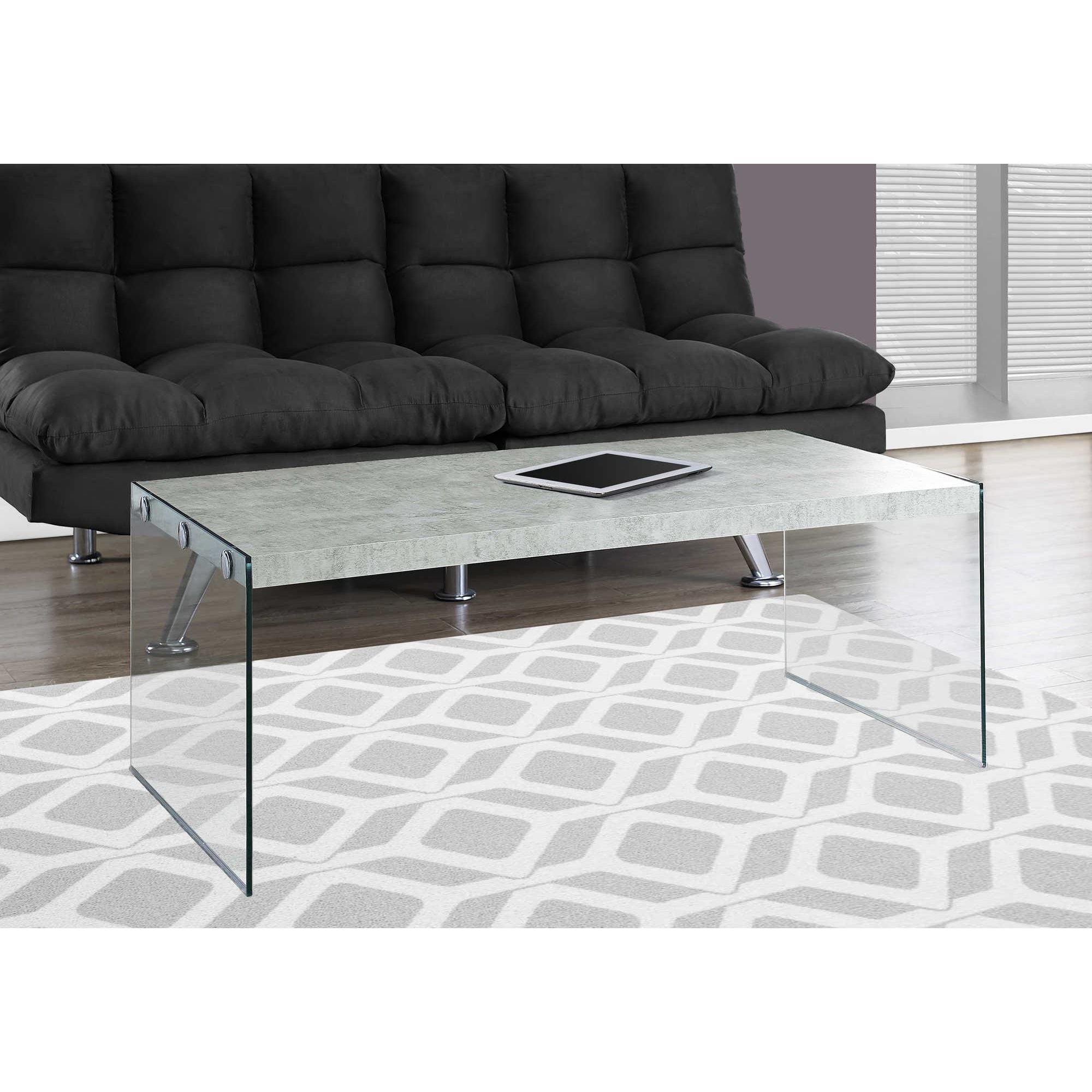 Silver coffee table with a sleek grey cement finish, modern design by Monarch Specialties, perfect for contemporary living rooms.