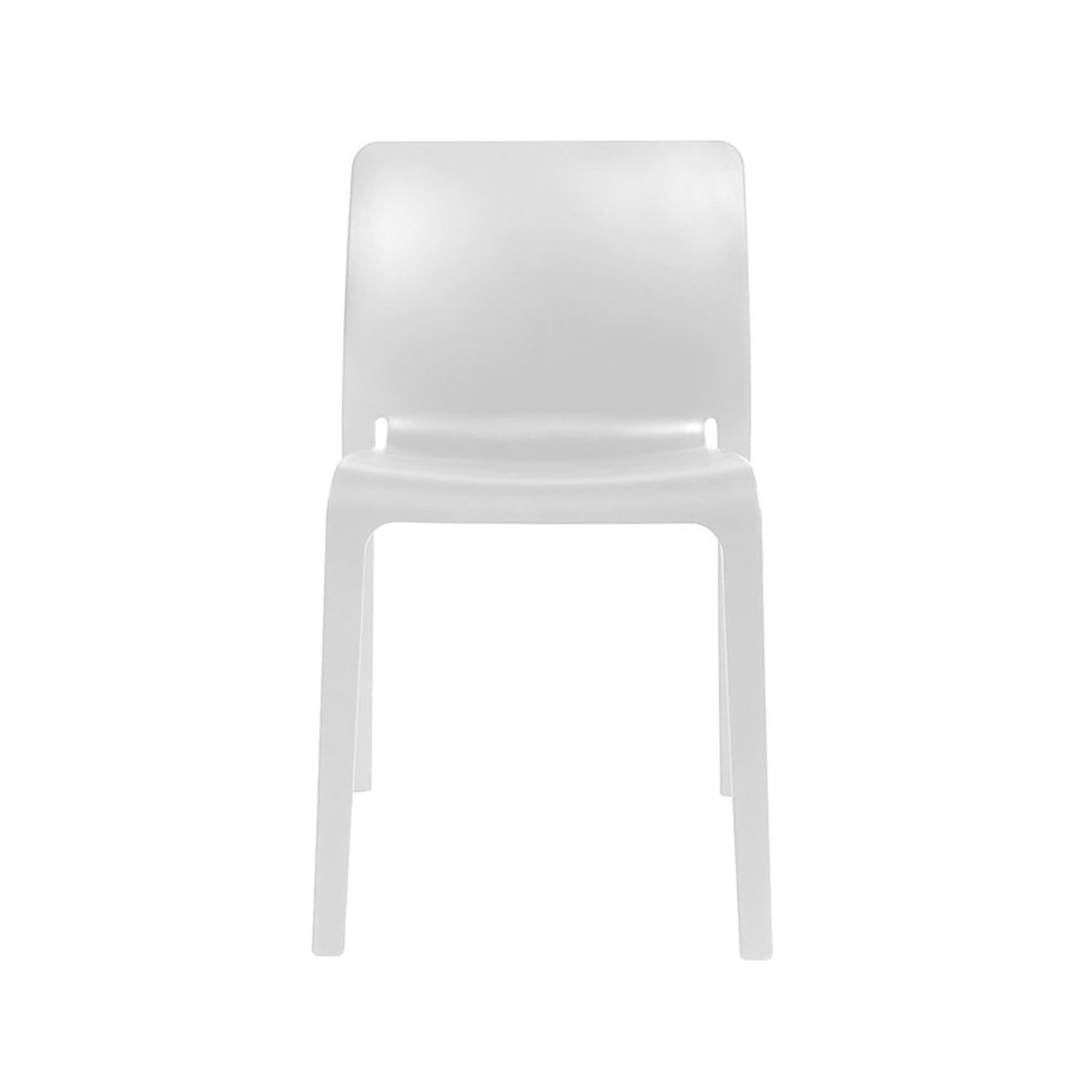 Set of four white Faro stackable dining chairs by Elite Living, shown stacked for space-saving storage.