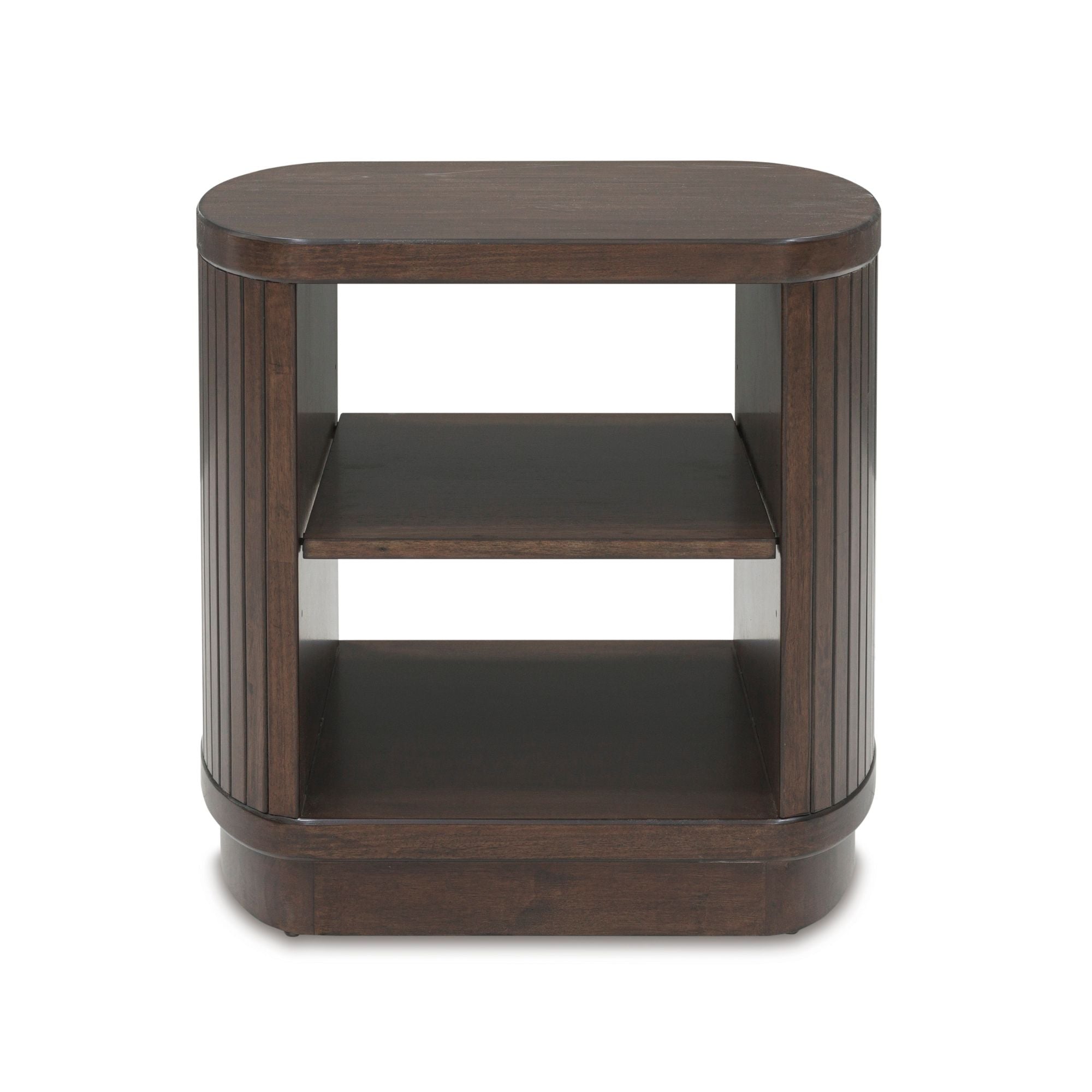 Signature Design by Ashley Korestone square end table with a sleek wood finish and modern design, shown in a living room setting.