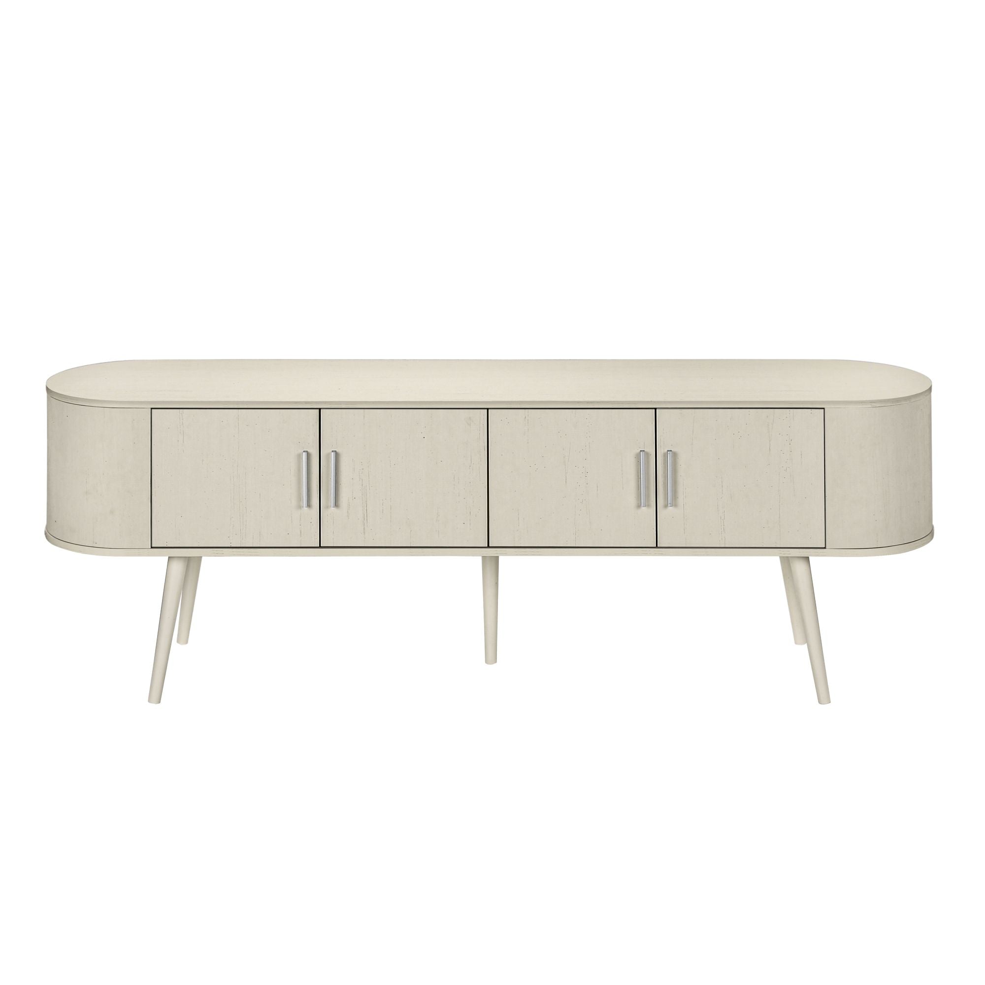Antique white Monarch Specialties 72-inch TV stand with four doors and storage compartments, modern wood finish.