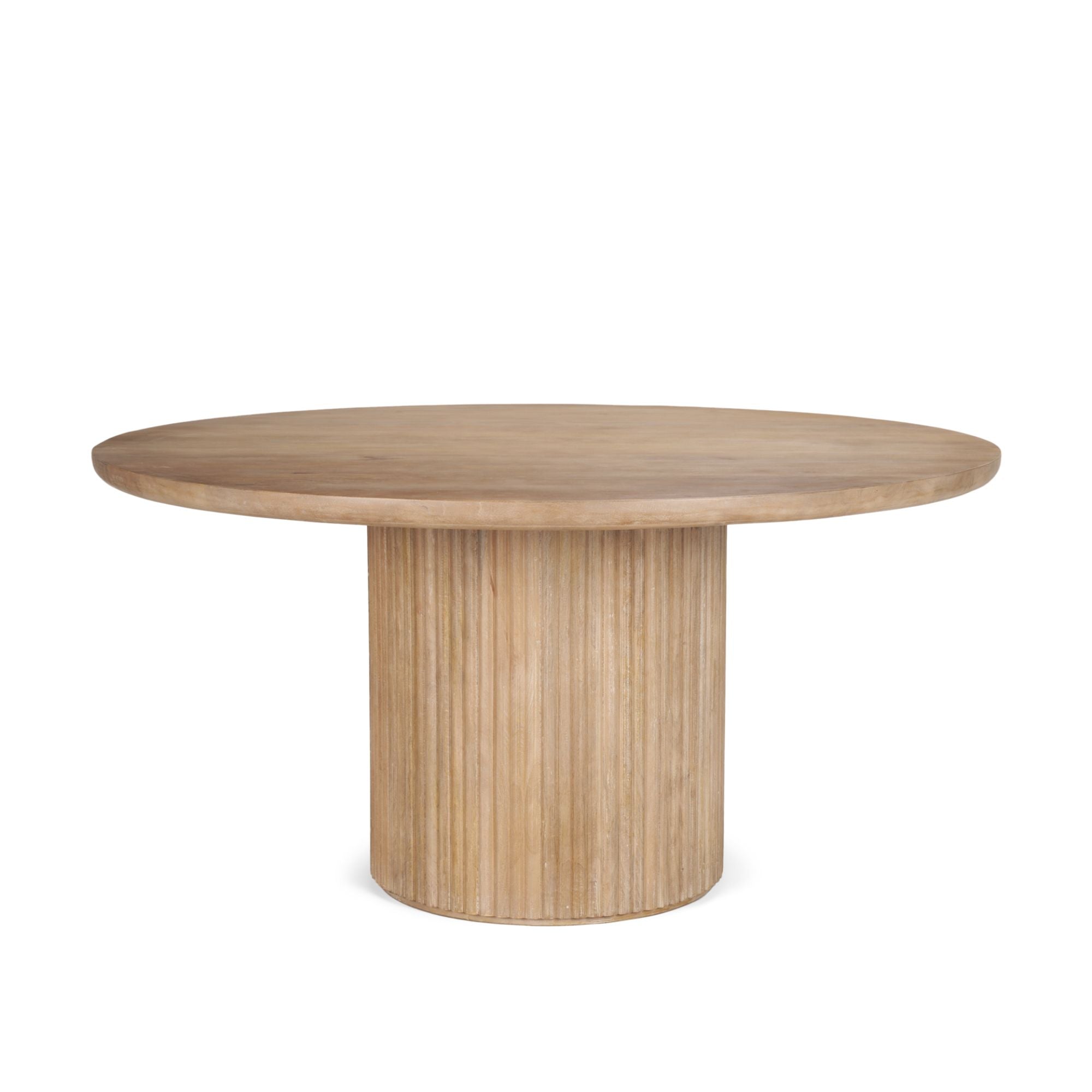 Light brown wood round dining table from Mercana Terra Collection, 60-inch diameter, crafted for stylish home dining spaces.