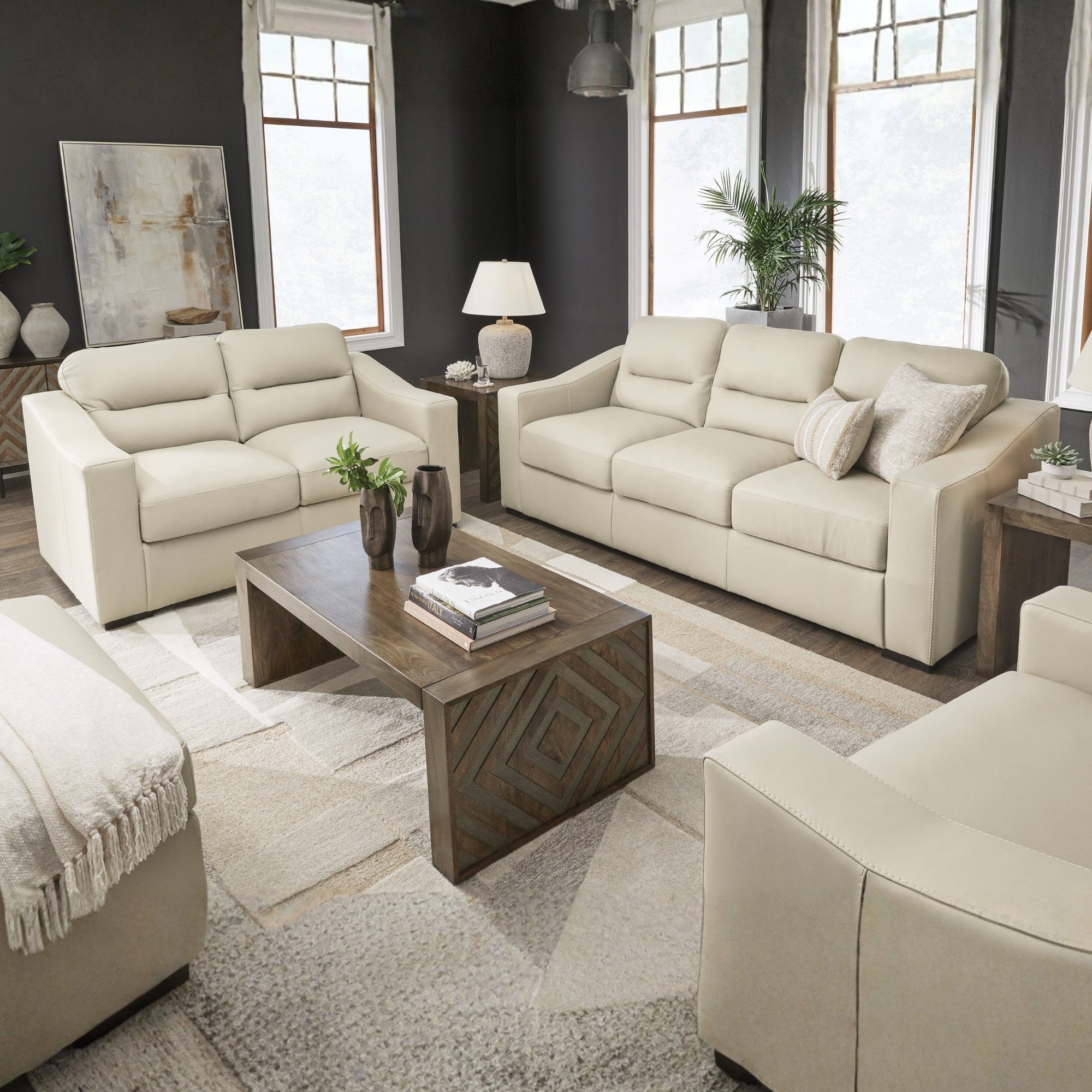 Treasure Trove Leather Sofa Set Beige