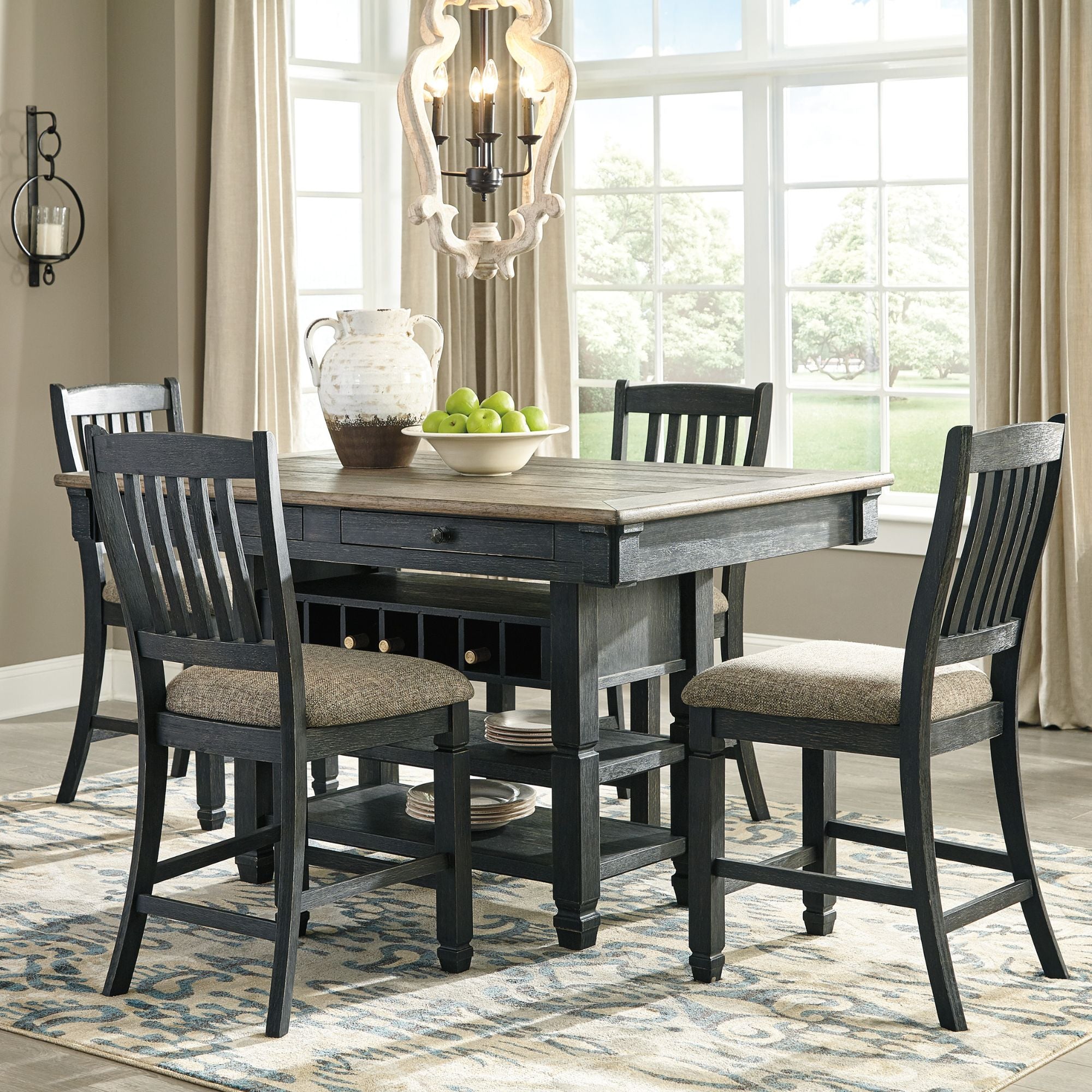 Counter height 5-piece dining room set by Signature Ashley with black and grey finish, includes table and matching chairs.